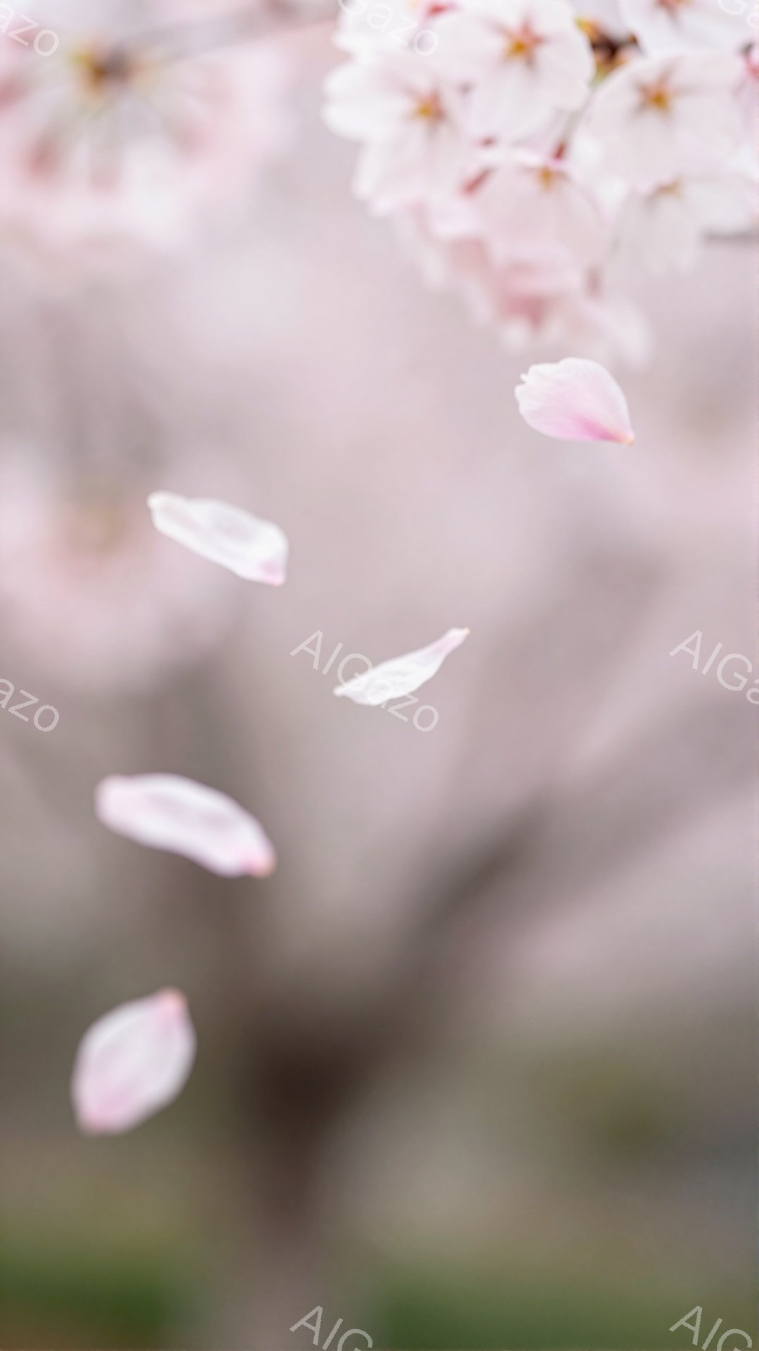 桜の花びらが舞い散る、春の情景が捉えられています。背景にはぼやけた緑と、さらに奥には桜の木々が確認できます。全体的に柔らかい光が差し込み、儚く美しい、春の暖かさを感じさせる雰囲気です。