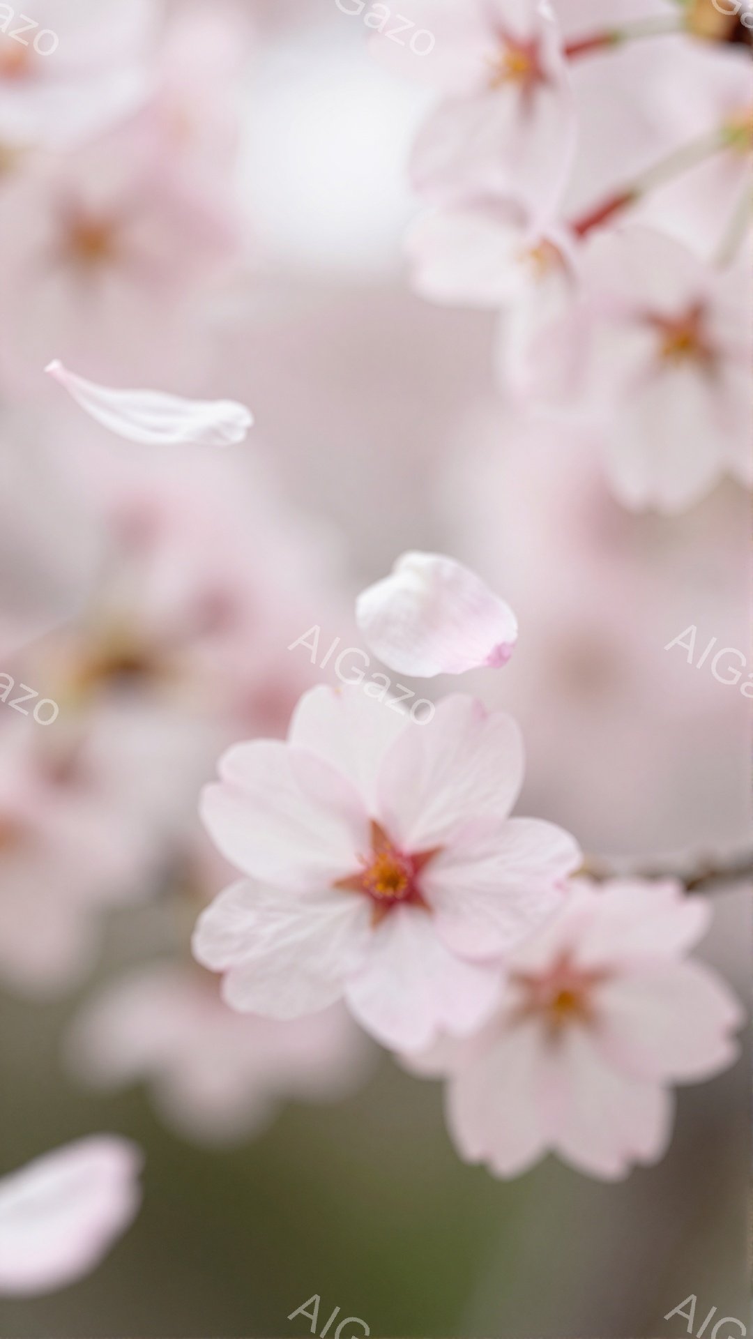 淡いピンク色の桜の花びらが、空中で舞い散る様子が捉えられています。ぼやけた背景には、他の桜の花々が密集しており、春の暖かく穏やかな雰囲気が漂います。全体的に柔らかい光が差し込み、幻想的で優しい印象を与 - AI生成フリー素材