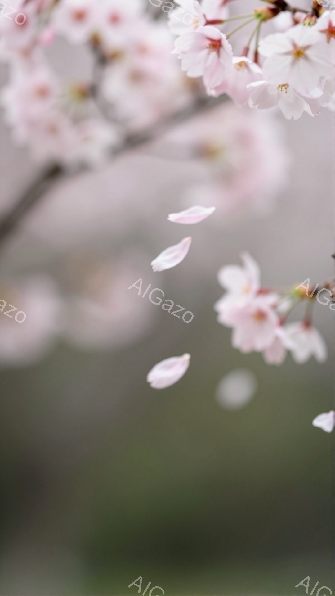 桜の花びらが舞い散る様子を捉えた写真で、春の儚い美しさが表現されている。背景はぼやけており、柔らかい光が差し込み、全体的に優しい雰囲気を醸し出している。淡いピンク色の花びらが前景に多く配置され、春の訪れを感じさせる一枚である。