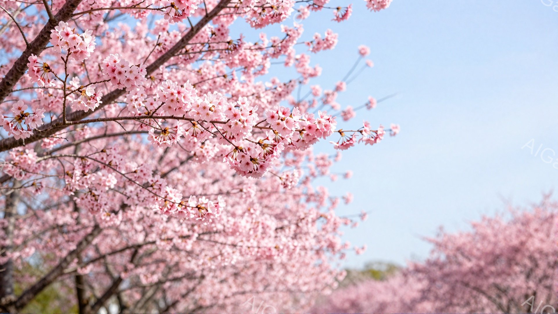桜の花が咲き乱れ、空を背景に淡いピンク色のトンネルを形成している。花びらは密集し、春の暖かさと生命力を感じさせる美しい光景である。背景には緑の葉やかすかに見える建物があり、穏やかな春の日の雰囲気を醸し - AI生成フリー素材
