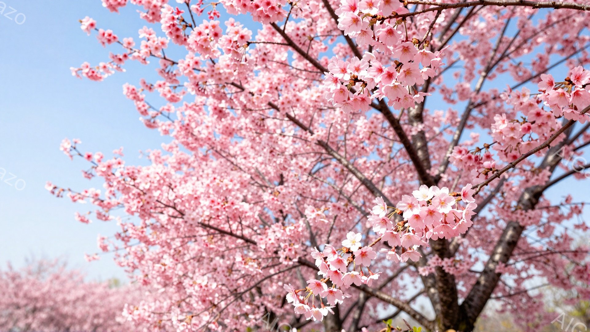 桜の花が満開の木が写真の中心にあり、ピンク色の花びらが空を背景に鮮やかに映えています。 太陽の光が花びらを照らし、春の暖かさと生命力を感じさせる穏やかな雰囲気です。 背景には他の桜の木々が見え、春の訪 - AI生成フリー素材