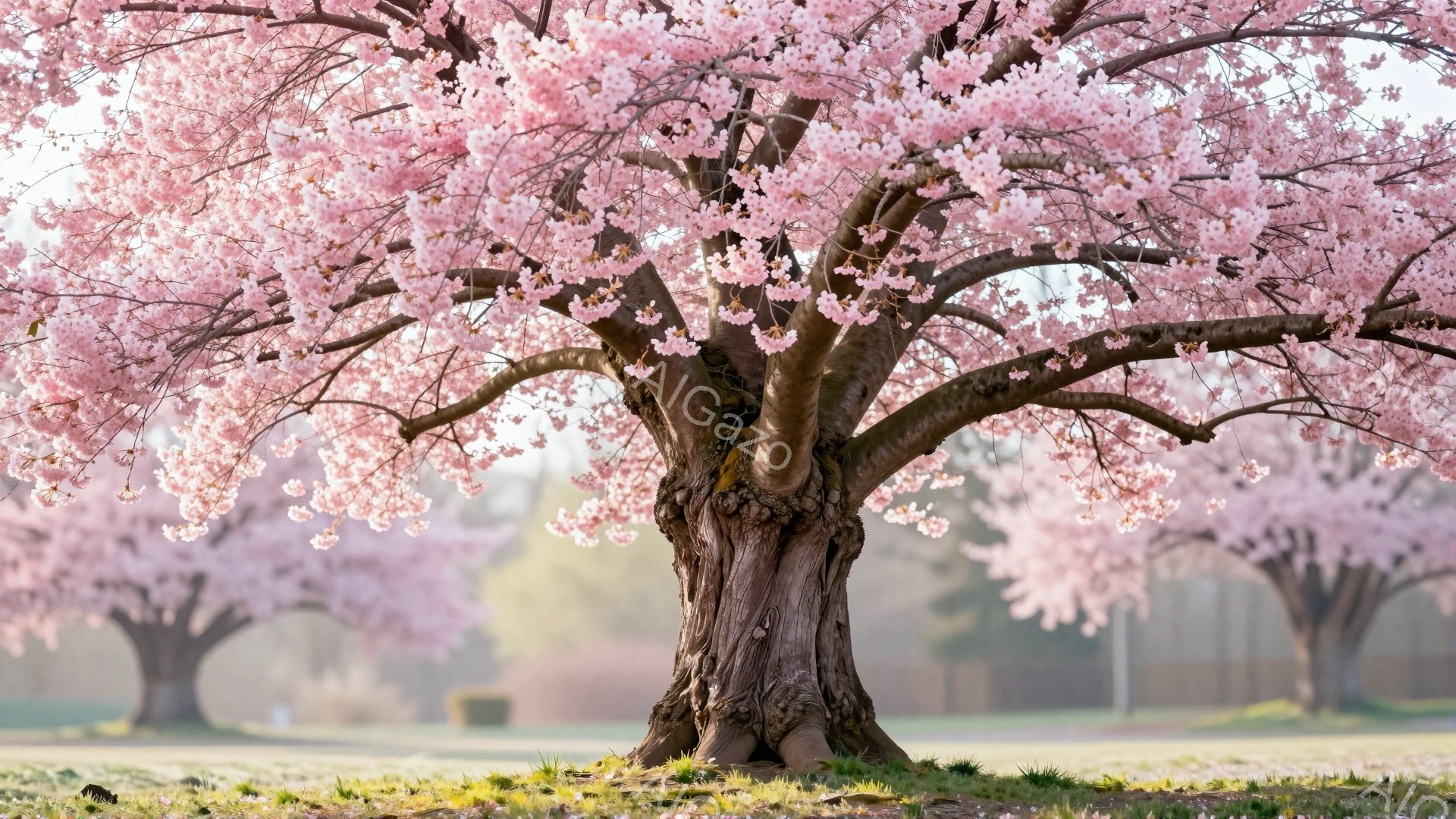 画像は、満開の桜並木の中央に位置する、力強い桜の木の幹を捉えています。幹はねじれ、苔むしており、長年の歳月を感じさせます。背景には、ぼやけた桜の木々と緑の草原が広がり、穏やかで幻想的な春の雰囲気を醸し出しています。