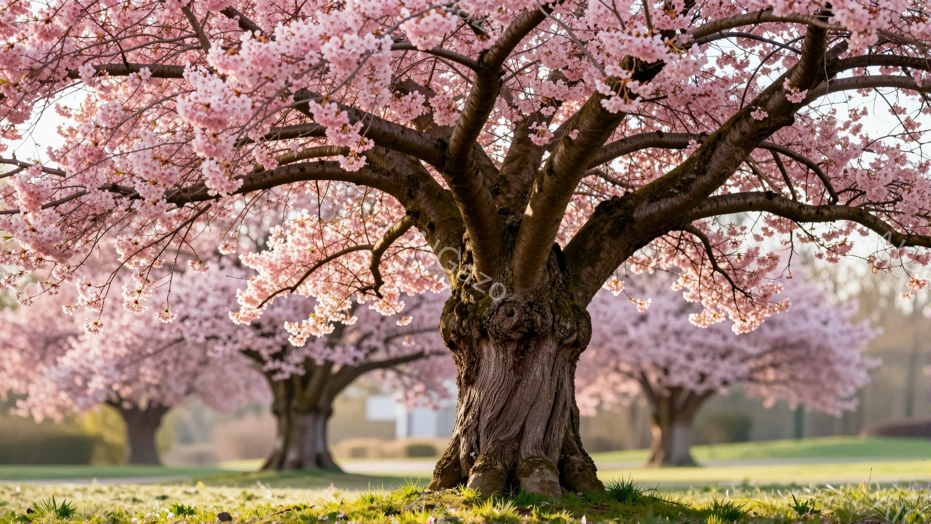 桜の木が咲き誇り、春の訪れを感じさせる風景です。太い幹と枝は力強く、淡いピンク色の花びらは優美で、背景の緑とのコントラストが美しいです。芝生には散った花びらが敷き詰められ、穏やかで平和な雰囲気を醸し出 - AI生成フリー素材