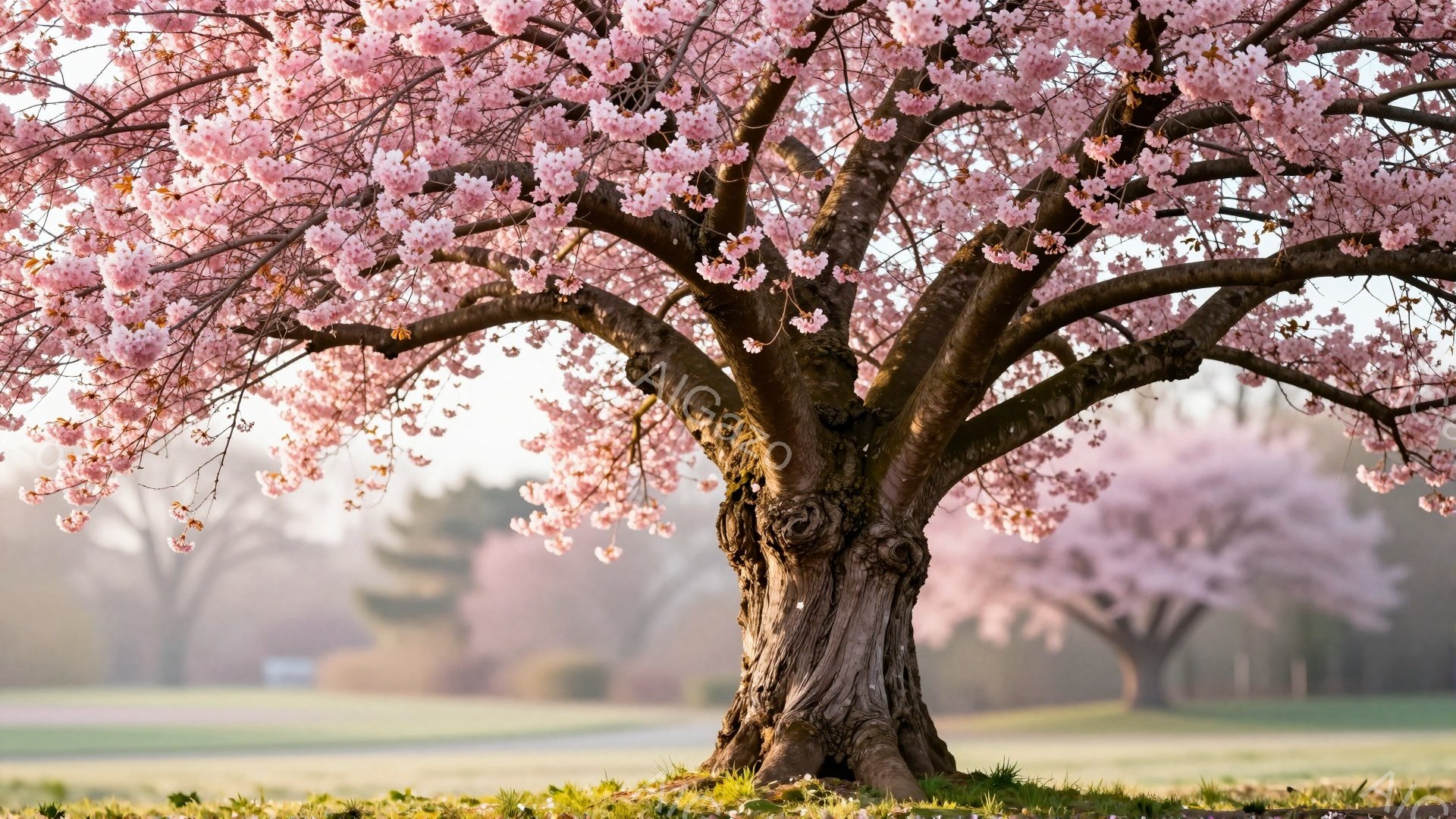 満開の桜が咲き誇る一本の桜の木が、画像の中央に位置しています。太い幹は力強く立ち、地面には散った桜の花びらが敷き詰められています。背景には、ぼやけた緑の芝生と、遠くに見える他の桜の木々が広がっており、春の穏やかな暖かさを感じさせる静謐な雰囲気です。