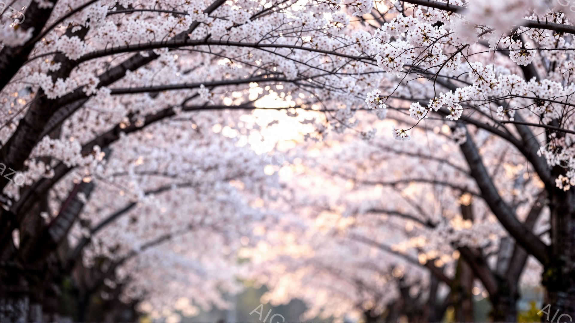 桜のトンネルが印象的な写真です。薄桃色の桜の花びらが空を覆い、光が差し込むことで幻想的な雰囲気が漂っています。背景はぼやけていますが、穏やかな春の陽気を感じさせる、安らぎと希望に満ちた美しい光景です。