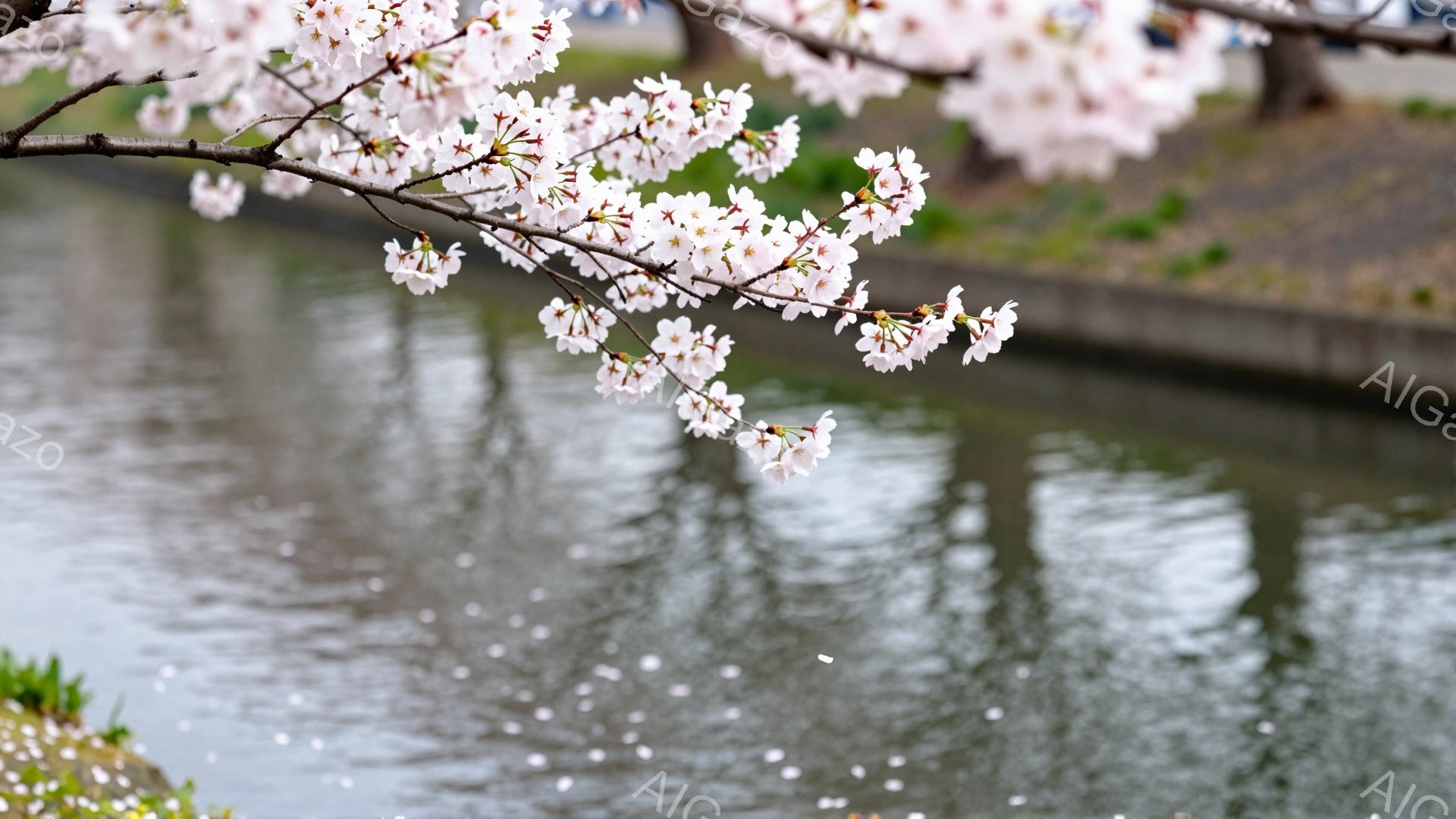 桜の花びらが舞い散る、春の風景が捉えられています。水面には桜が散り、穏やかな水面にその姿を映し出しています。背景には緑の草むらと、水路に沿って続く灰色の壁が見え、全体的に静かで優しい雰囲気を醸し出しています。