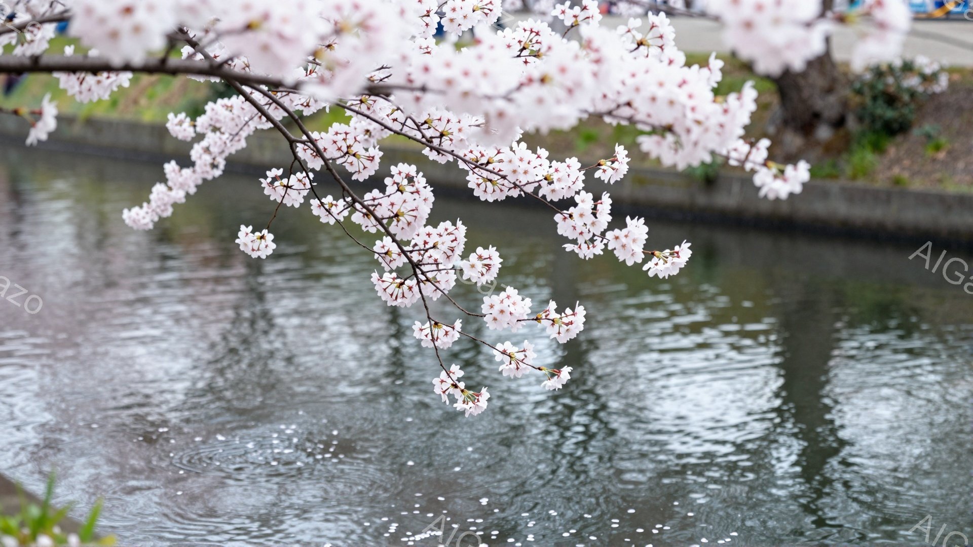 桜の花びらが水面に散り、穏やかな水紋を作っている様子が捉えられています。水辺のコンクリート壁と、その背後の緑が背景にぼやけて見え、春の穏やかな雰囲気を醸し出しています。空は曇り空で、花びらが水面に浮かび、静かで詩的な情景を描いています。