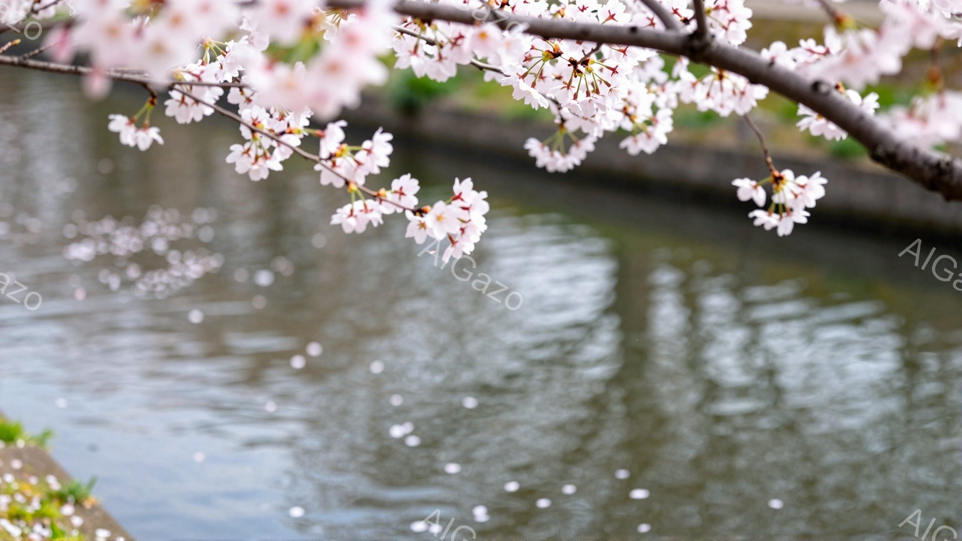 桜の花びらが水面に舞い散り、春の訪れを感じさせる穏やかな風景です。水面には花びらが散らばり、薄いピンク色が水面に広がり、川沿いの緑とのコントラストが美しいです。全体的に柔らかく、優しい雰囲気が漂い、春 - AI生成フリー素材