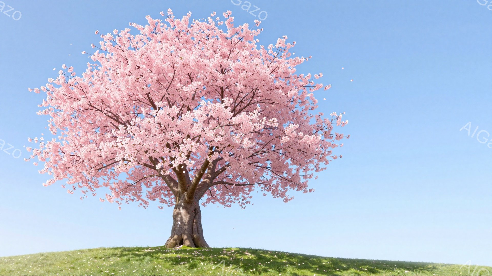 丘の上に一本の桜の木が咲き誇っています。ピンク色の花は満開で、青い空を背景に鮮やかなコントラストを描いています。緑の草地には小さな白い花が点在し、春の穏やかな雰囲気を醸し出しています。 - AI生成フリー素材
