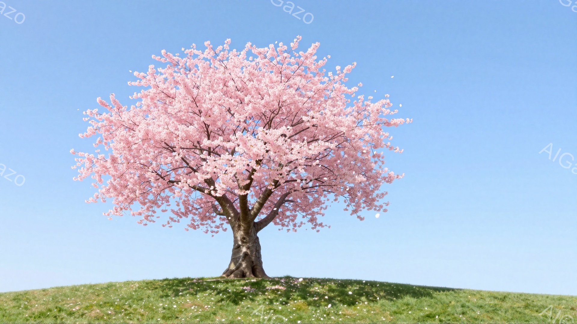 鮮やかな青空を背景に、満開の桜の木が緑の丘の上にそびえ立っている。桜の花びらはふんわりと咲き誇り、木全体を淡いピンク色で覆っている。地面には散り始めた花びらが敷き詰められ、春の穏やかで美しい雰囲気を醸 - AI生成フリー素材