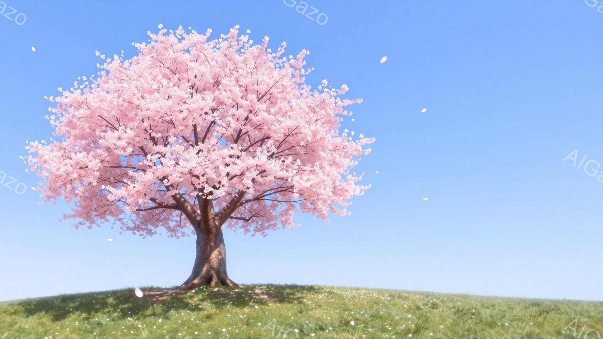 鮮やかな青空の下、ピンク色の桜並木が咲き誇る一本の桜の木が描かれています。木の下には緑の草が生い茂り、白い小さな花が点在し、数枚の桜の花びらが風に舞っています。全体的に穏やかで春らしい、安らぎのある雰囲気です。
