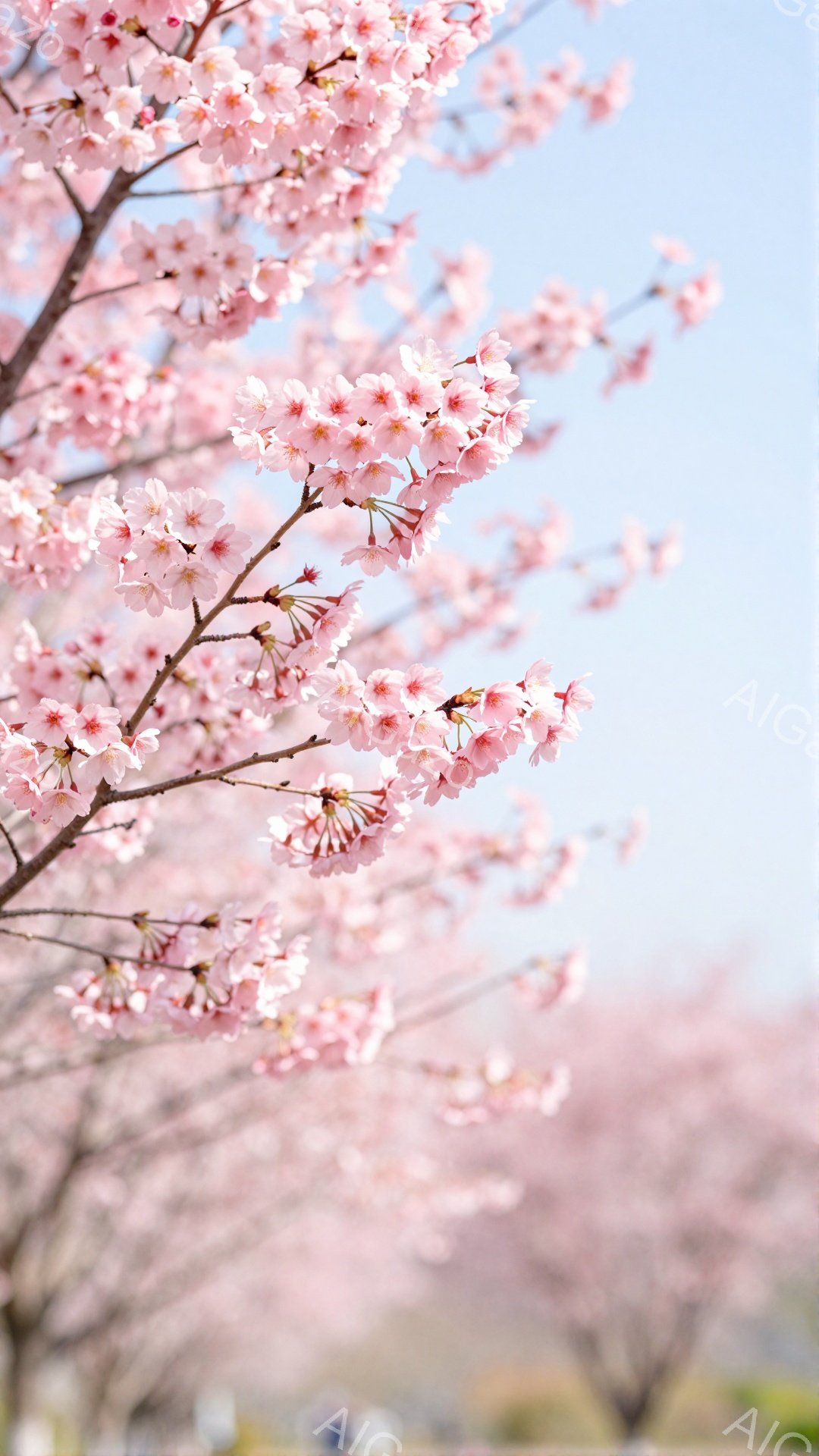 桜の満開の枝が画面を占め、淡いピンク色の花びらが春の訪れを告げている。背景はぼやけており、他の桜の木々や青空が見え、暖かく穏やかな雰囲気が漂っている。全体的に、春の美しさと儚さを表現した、優雅で心地よい一枚である。