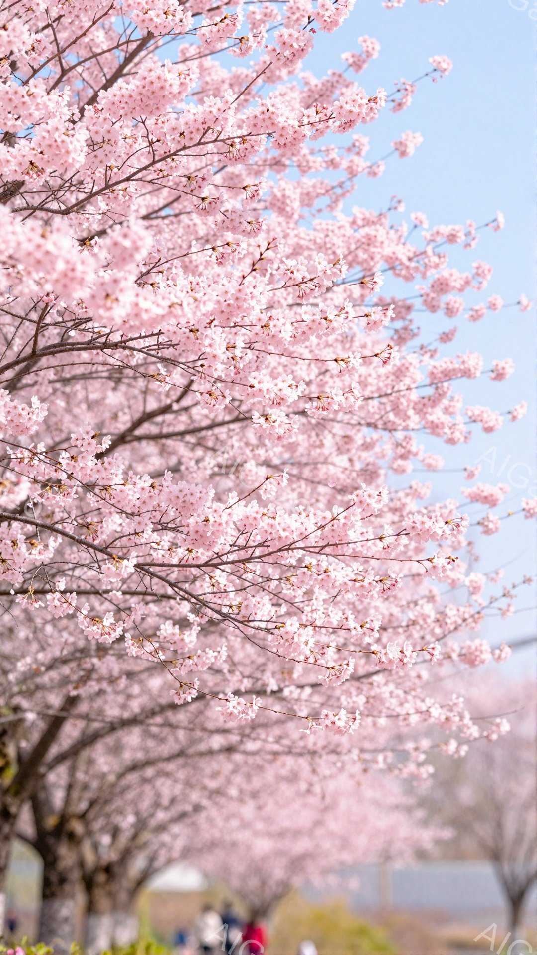満開の桜が画面いっぱいに広がり、薄桃色の花びらが春の訪れを告げている。背景にはぼんやりと建物や緑が見え、穏やかな春の日差しが桜の花びらを照らしている。全体的に柔らかく、幻想的な雰囲気が漂う美しい風景写 - AI生成フリー素材