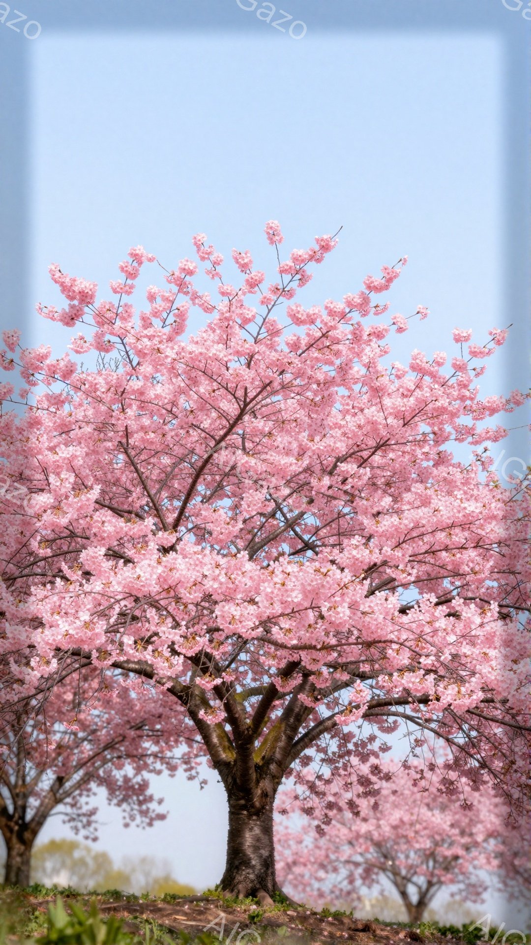 満開の桜が丘の上に堂々と立っており、ピンク色の花びらが空に広がっている。幹は太く、力強く、周囲には他の桜の木々がぼんやりと見える緑の丘と青空が背景に広がっている。春の暖かく穏やかな雰囲気が伝わってくる、息をのむほど美しい光景だ。