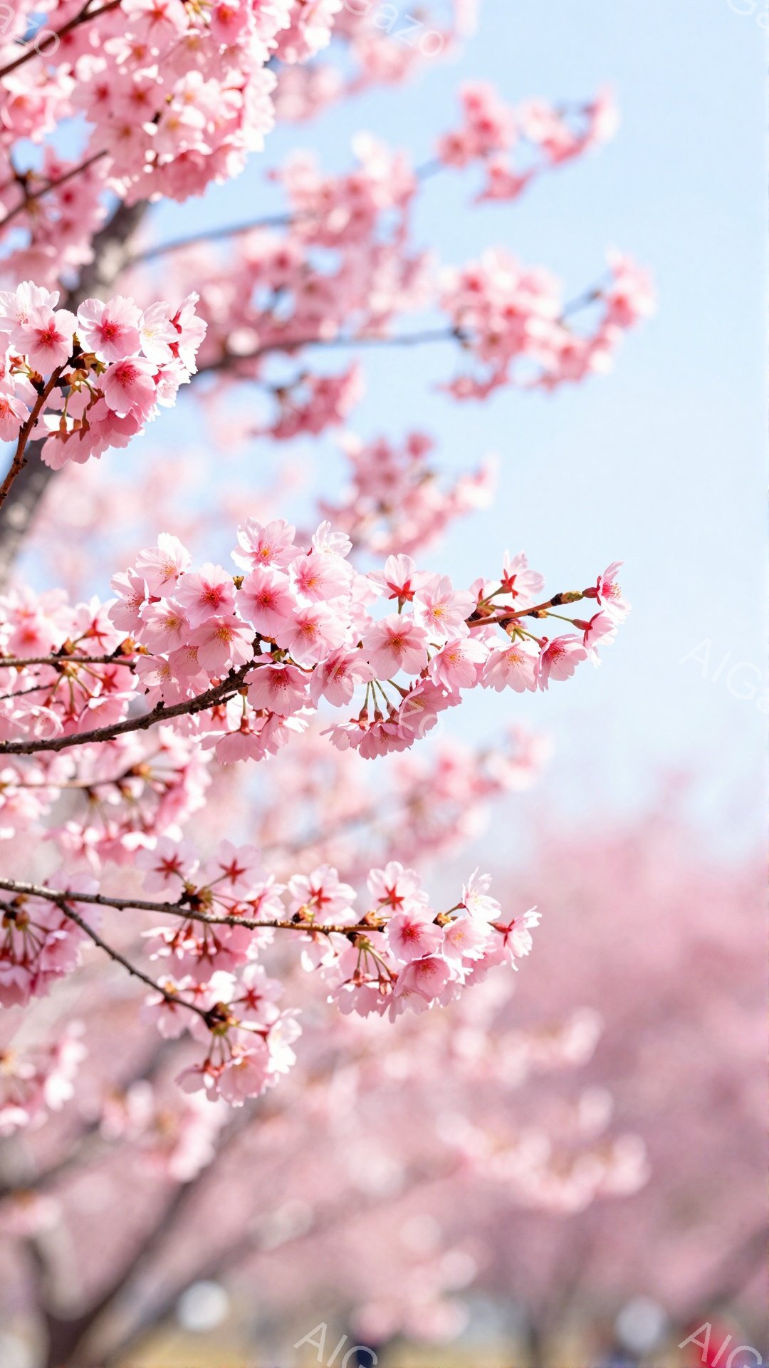 満開の桜の花が画面いっぱいに広がっており、淡いピンク色が春の訪れを感じさせます。背景にはぼんやりと他の桜の木々と青空が見え、春の暖かく穏やかな雰囲気が漂っています。花びらの繊細な美しさが際立ち、春の息 - AI生成フリー素材