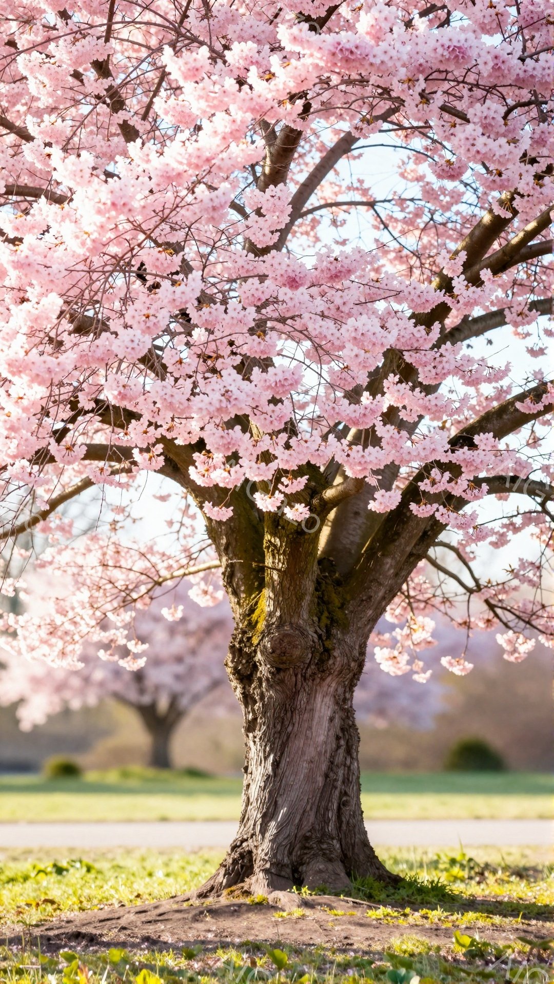 巨大な桜の木の幹は、苔むして力強くそびえ立ち、薄桃色の花びらが太陽の光を浴びて咲き誇っている。背景には緑の芝生が広がり、遠くには他の木々が見える穏やかな春の風景だ。全体的に、暖かく、穏やかで、希望に満ちた雰囲気を醸し出している。