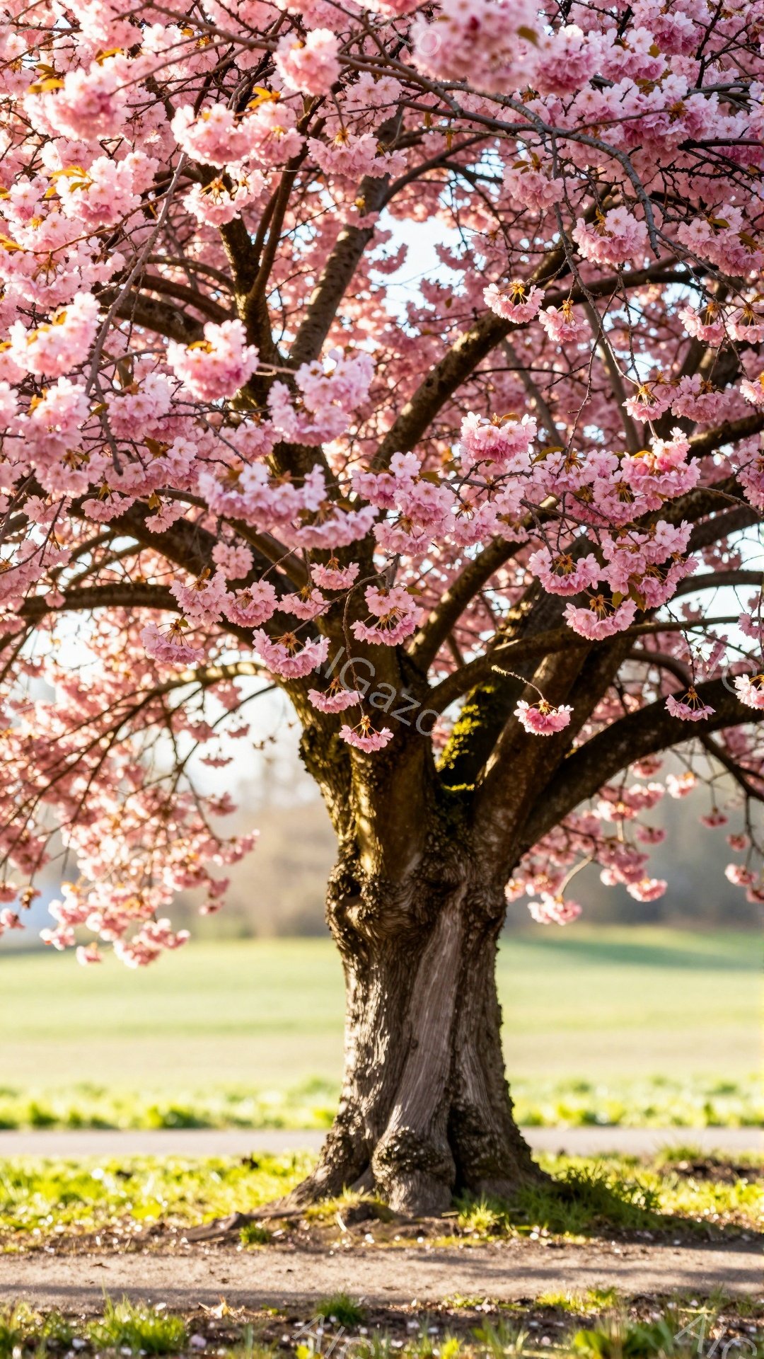 鮮やかなピンク色の桜の花が、ねじれた太い幹を持つ桜の木全体を覆っている。背景は緑の芝生とぼやけた道路で、穏やかで春らしい雰囲気を醸し出している。太陽の光が花びらを照らし、暖かく優しい光景を作り出してい - AI生成フリー素材