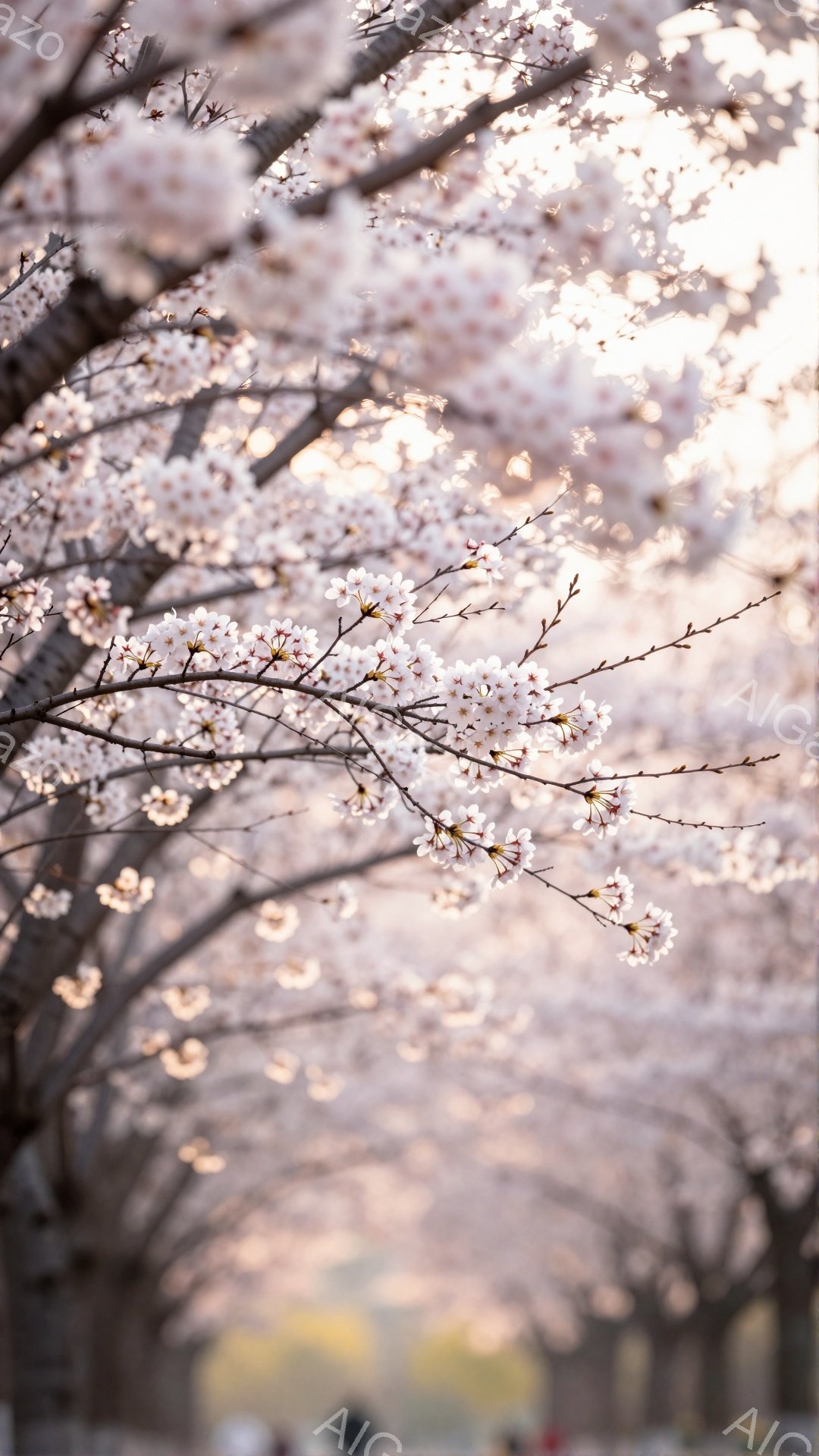 桜並木が続く風景で、淡いピンク色の桜の花が密集して咲き誇っている。 遠くには人影が見えるが、焦点は桜の花に当てられており、春の暖かさと儚さを表現している。 背景はぼやけており、桜の美しさが際立っている - AI生成フリー素材