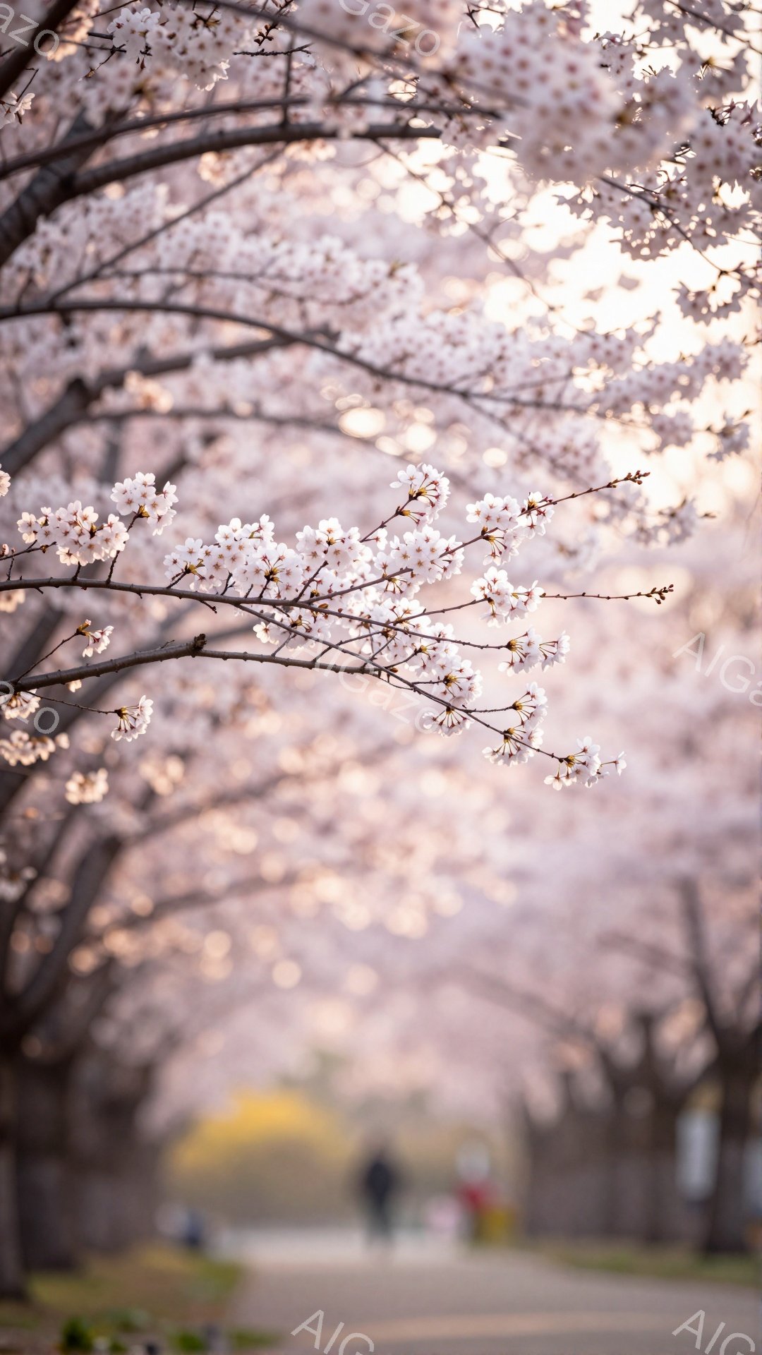 桜並木が続く遊歩道が写っており、ぼやけた人物が遠くに小さく見える。桜の花びらが咲き乱れ、春の暖かく穏やかな雰囲気を醸し出している。全体的に柔らかなピンク色で、幻想的で美しい景色が広がっている。 - AI生成フリー素材