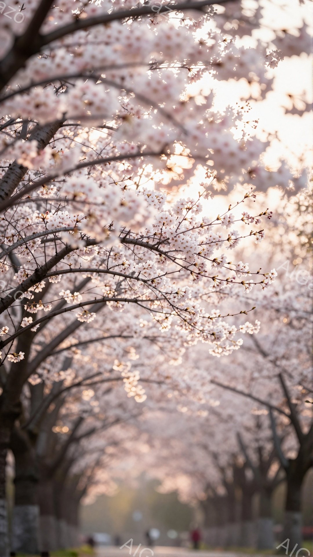 満開の桜並木が続く道が写っており、そのトンネルを人々が歩いている。人々は冬物のアウターを着用しており、ぼんやりとしか姿が見えないため、表情や詳細な服装は不明である。背景はぼやけているが、緑の芝生と明るい空が見え、春の穏やかで優しい雰囲気を醸し出している。