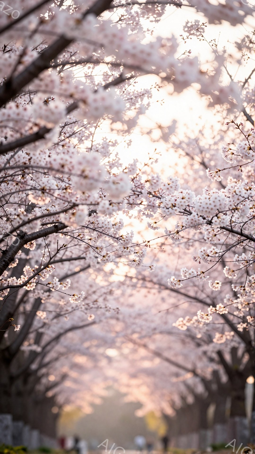 桜並木が続く道が、まるでトンネルのように見える美しい風景です。薄ピンク色の桜の花びらが咲き誇り、春の暖かさと柔らかい光が感じられます。遠くには人影が見え、穏やかで幻想的な雰囲気が漂っています。 - AI生成フリー素材