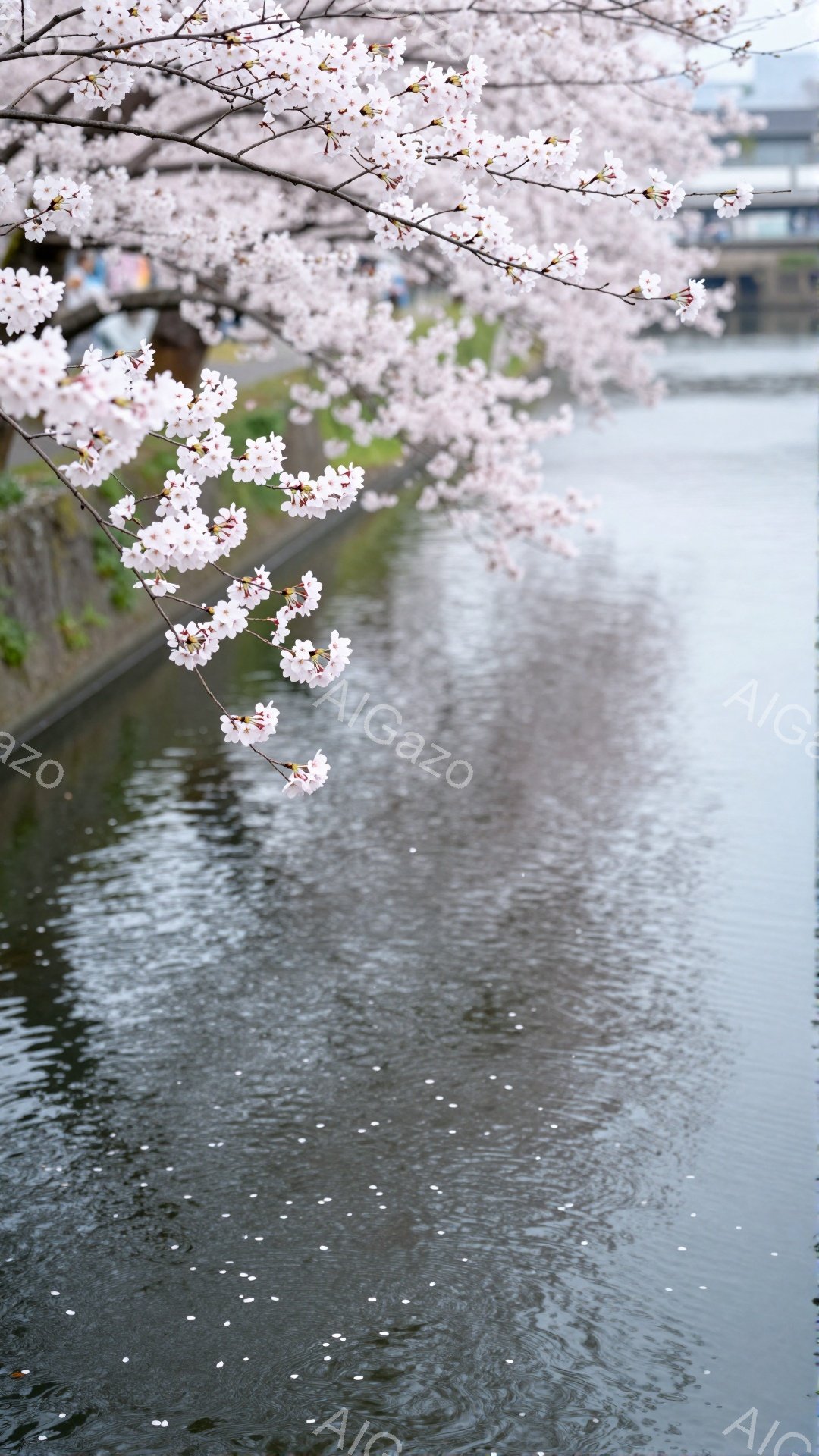桜の花びらが散り、水面に薄いピンク色の模様を描いている様子が印象的な写真です。川沿いの土手に沿って桜並木が続き、春の穏やかな雰囲気を醸し出しています。水面にはわずかに花びらが浮かび、春の儚さと美しさを - AI生成フリー素材