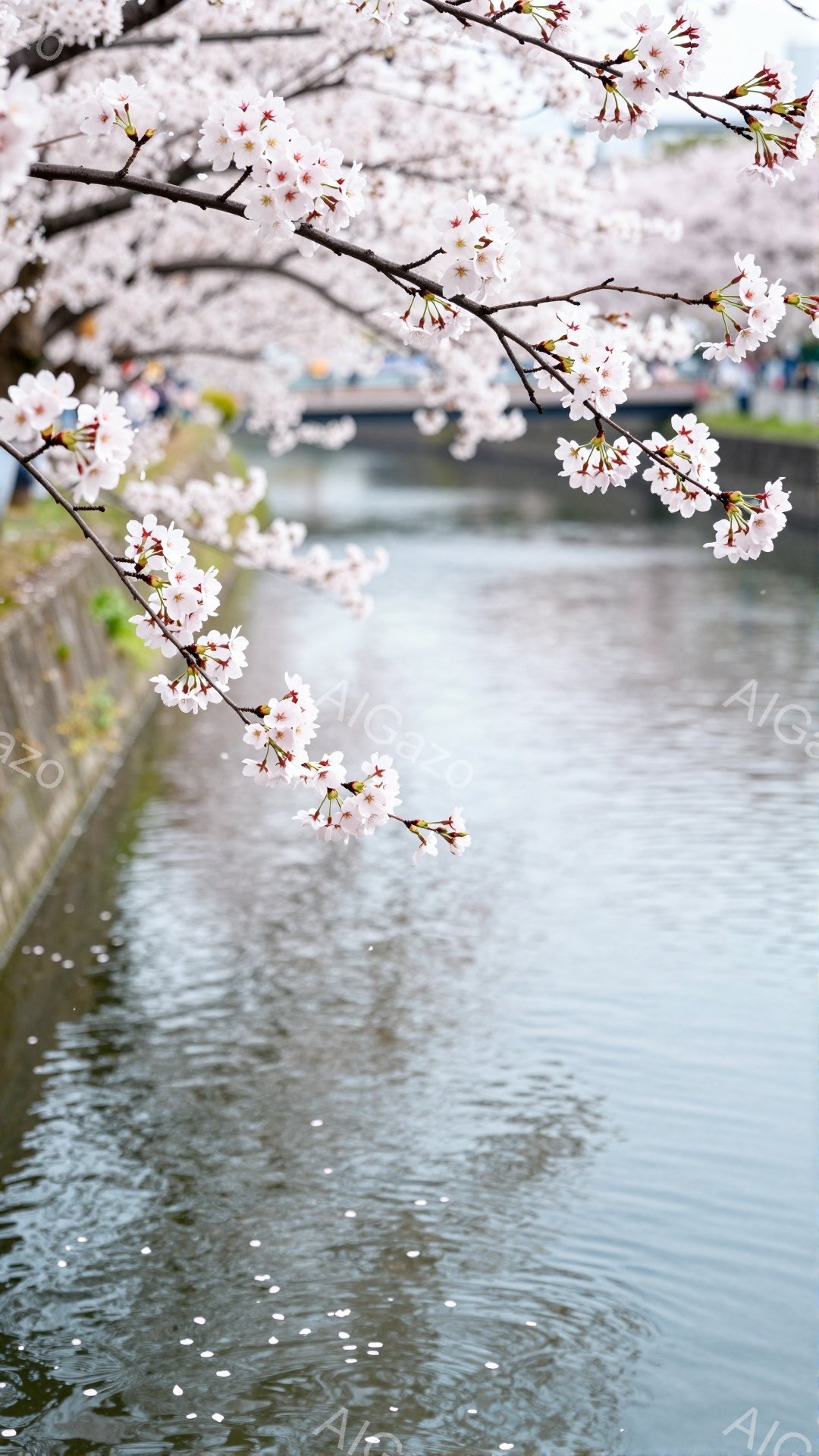 川沿いに桜の枝が咲き誇り、花びらが水面に散らばっている様子が捉えられています。水面には無数の花びらが浮かび、穏やかな春の情景が広がっています。背景には、コンクリートの川岸と、ぼんやりと見える建物が確認 - AI生成フリー素材