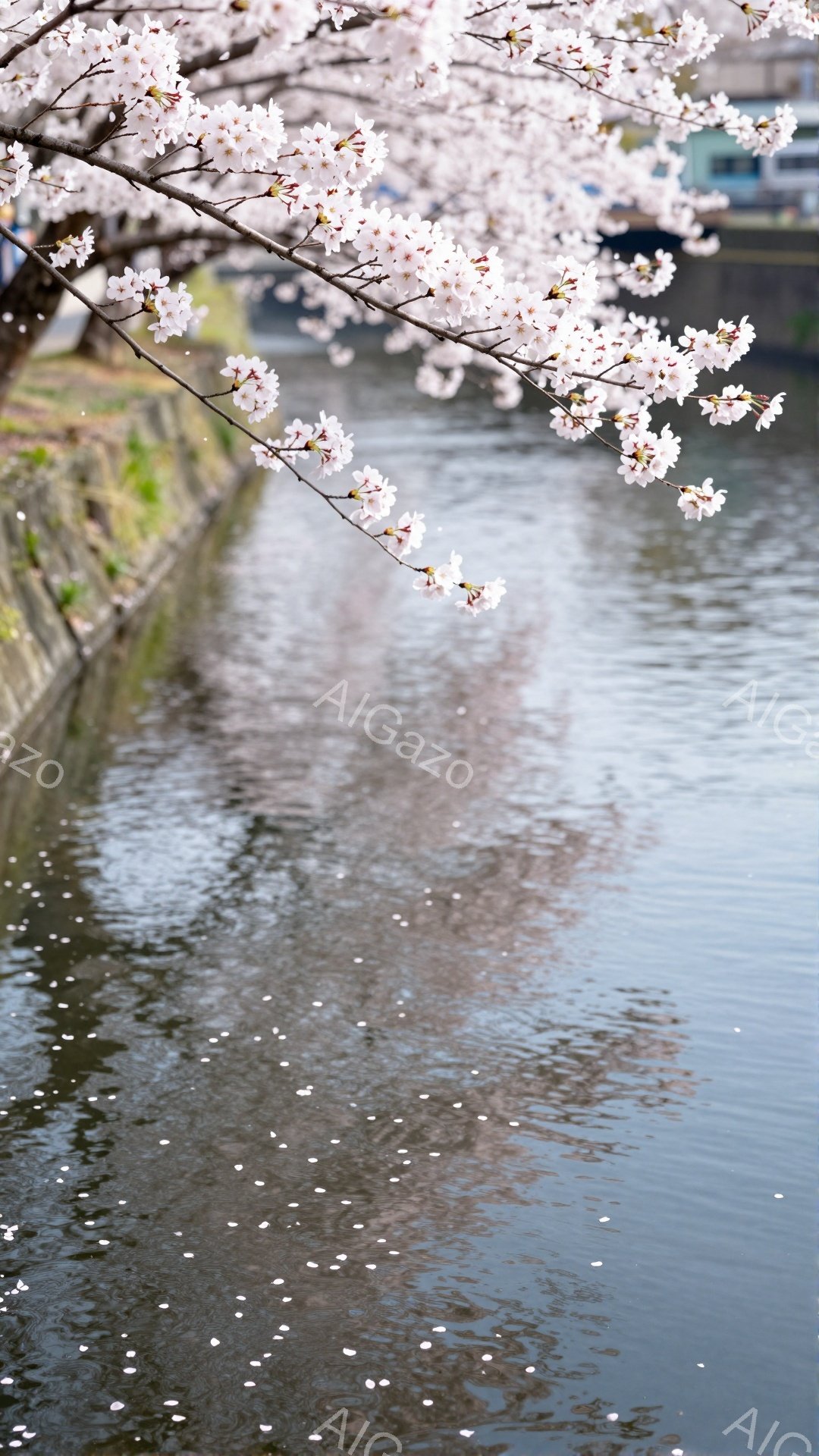 浅い水路に、散り始めた桜の花びらが水面に浮かび、幻想的な雰囲気を醸し出している。土手には、満開の桜が咲き誇り、水路と春の景色が調和している。穏やかな水面には桜の花びらが無数に散りばめられ、春の儚さと美しさを表現している。