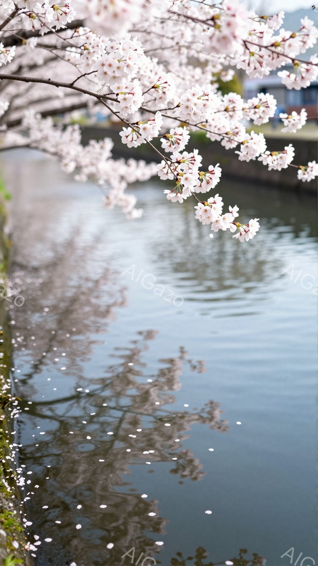 桜の枝が水面に覆われた運河の上を覆い、花びらが水面に散らばっています。穏やかな水面には桜並木が映り込み、春の訪れを感じさせる静かで美しい光景です。背景には建物が見え、晴れた日の穏やかな春の風景を描いています。