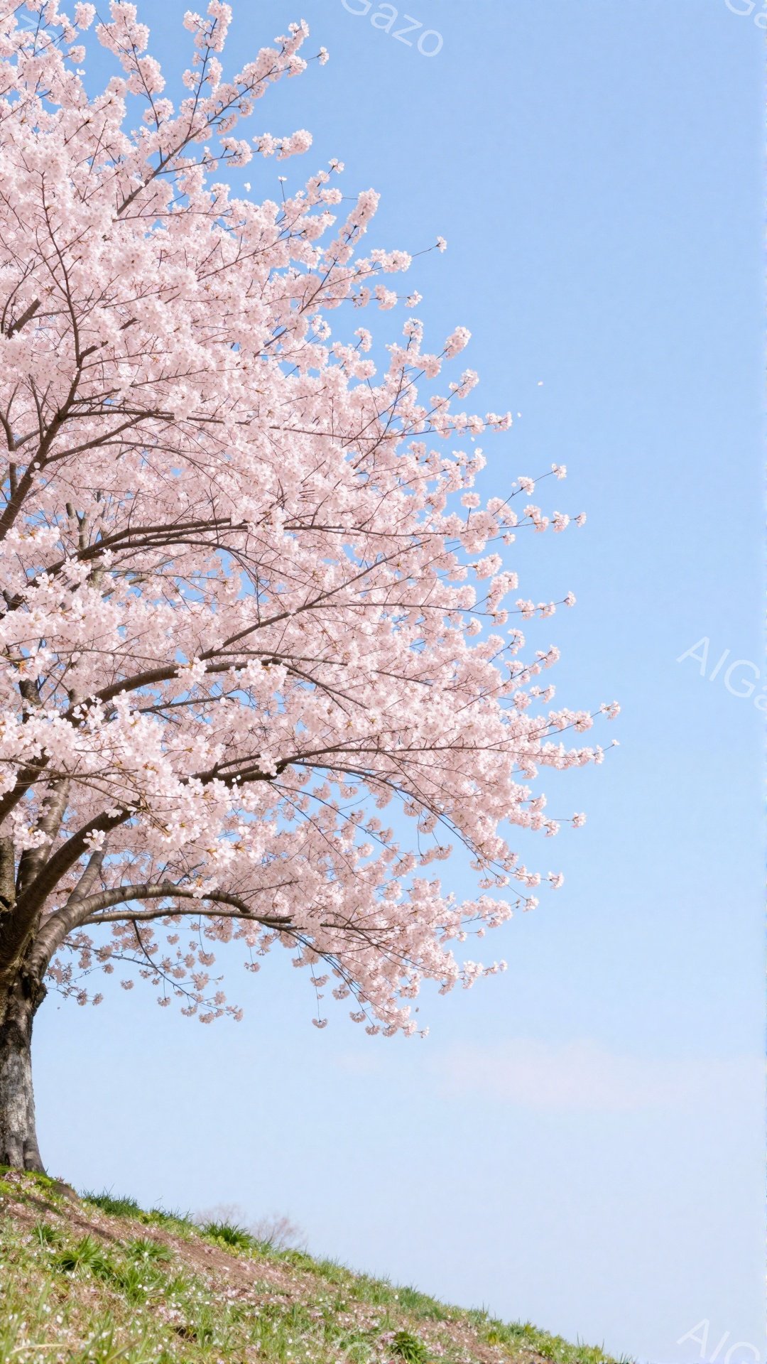 桜の木が斜面から伸び、満開の桜の花が空に向かって咲き誇っている。青空を背景に、ピンク色の花びらがまるで雲のように広がり、春の穏やかな雰囲気を醸し出している。地面には散った花びらが敷き詰められ、春の儚さ - AI生成フリー素材