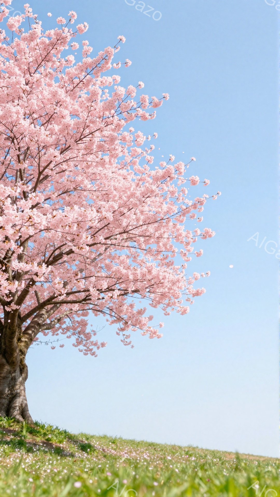 鮮やかなピンク色の桜の花が満開の木が、緑の丘の上にそびえ立っています。空は澄みきった青色で、まばらに桜の花びらが舞い散り、穏やかで春らしい雰囲気を醸し出しています。地面は緑の草で覆われ、春の訪れを感じ - AI生成フリー素材