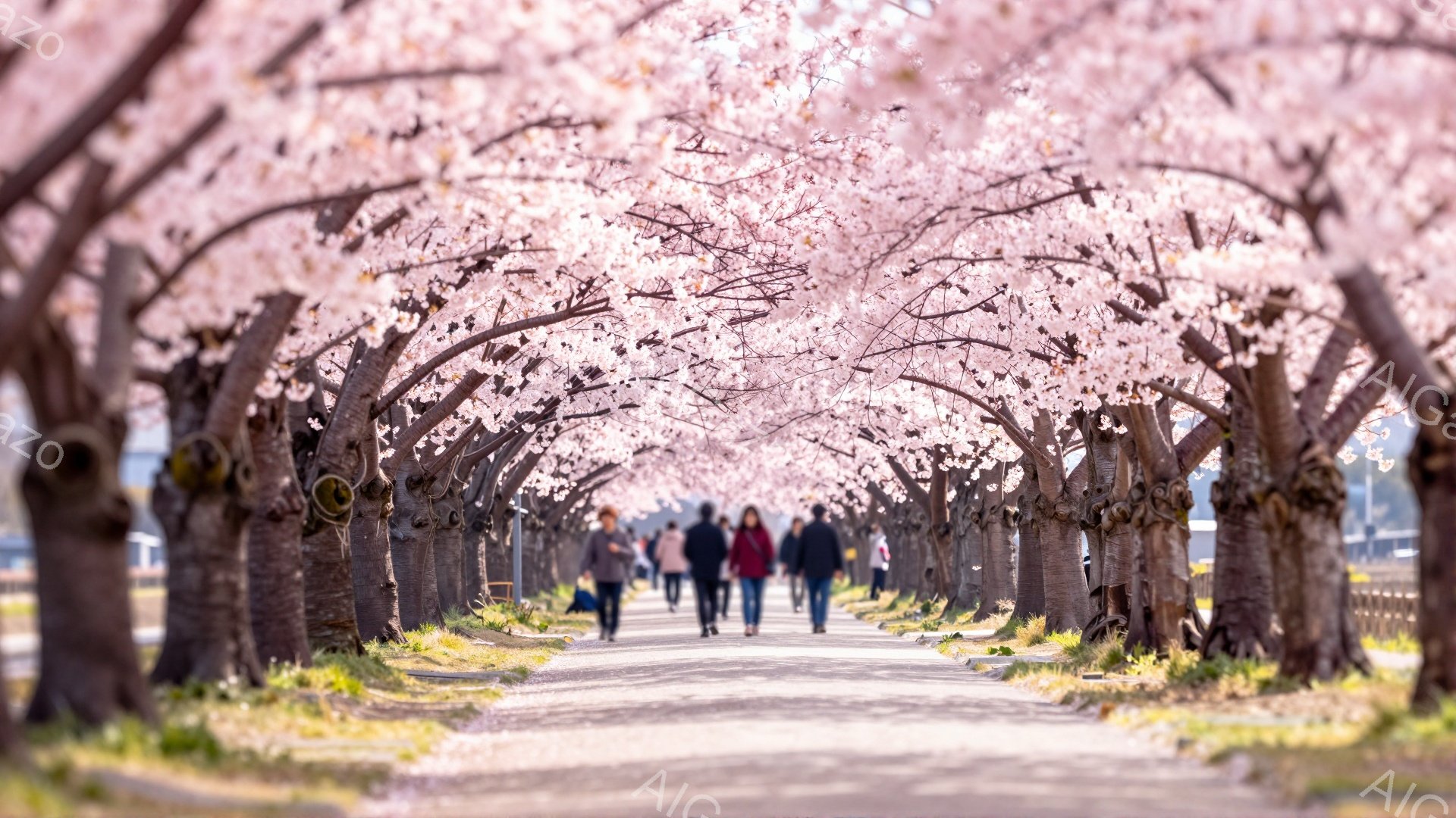 桜並木の中を人々が歩いている様子が写っている。人々はそれぞれカジュアルな服装で、一部は冬の帽子をかぶっており、リラックスした表情で散歩を楽しんでいるようだ。背景には緑の草地と遠くの建物が見え、空は晴れ - AI生成フリー素材