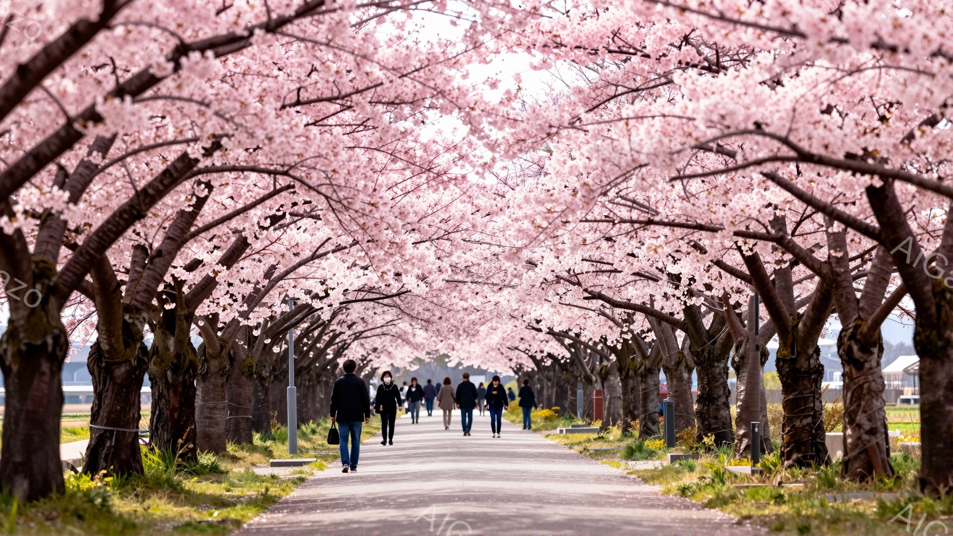 桜並木の中を人々が歩いている写真です。ほとんどの人がカジュアルな服装で、中にはマスクをしている人もいます。背景には穏やかな水面と、遠くに見える建物があり、春の暖かく穏やかな雰囲気が漂っています。