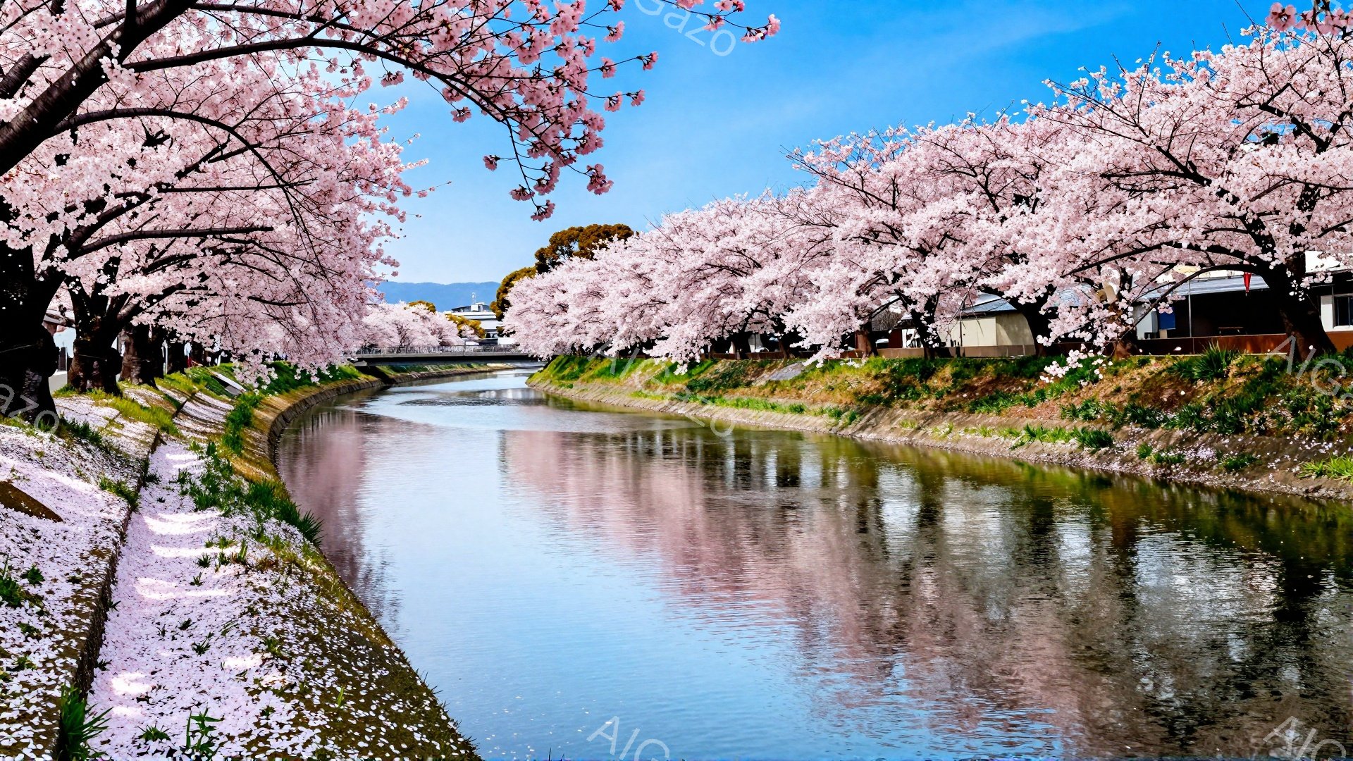 川沿いに桜並木が続き、水面に桜の花びらが反射して美しい光景が広がっている。土手には薄い緑の草が生え、遠くには住宅や建物が見える穏やかな春の風景だ。空は晴れ、全体的に明るく、心が安らぐような雰囲気を感じ - AI生成フリー素材