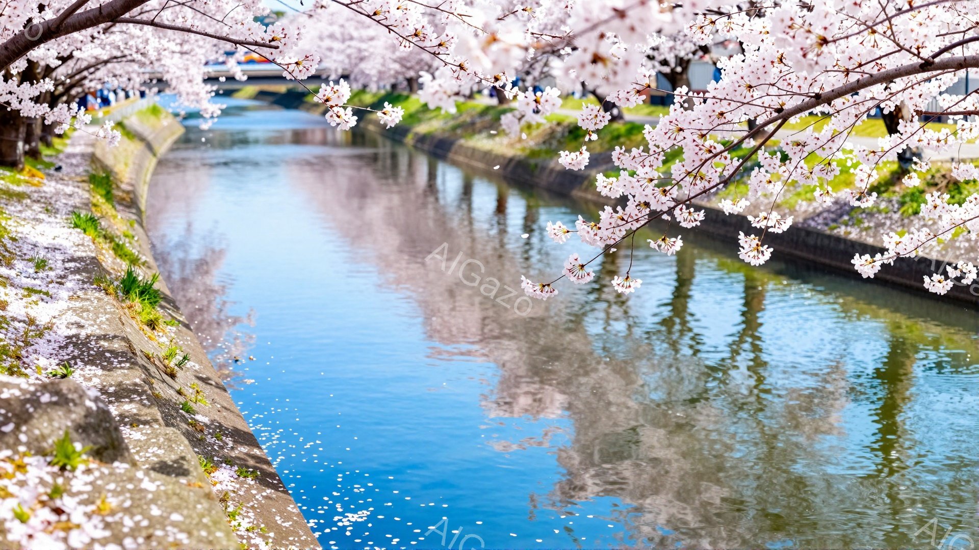 桜並木が続く運河の風景で、ピンク色の花びらが水面に散らばり、水面には桜並木の美しい反射が見られます。運河の岸辺には緑の草が生え、春の穏やかな天候と相まって、穏やかで幻想的な雰囲気を醸し出しています。空は明るく、全体的に春の暖かさと桜の美しさが調和した、平和な情景です。
