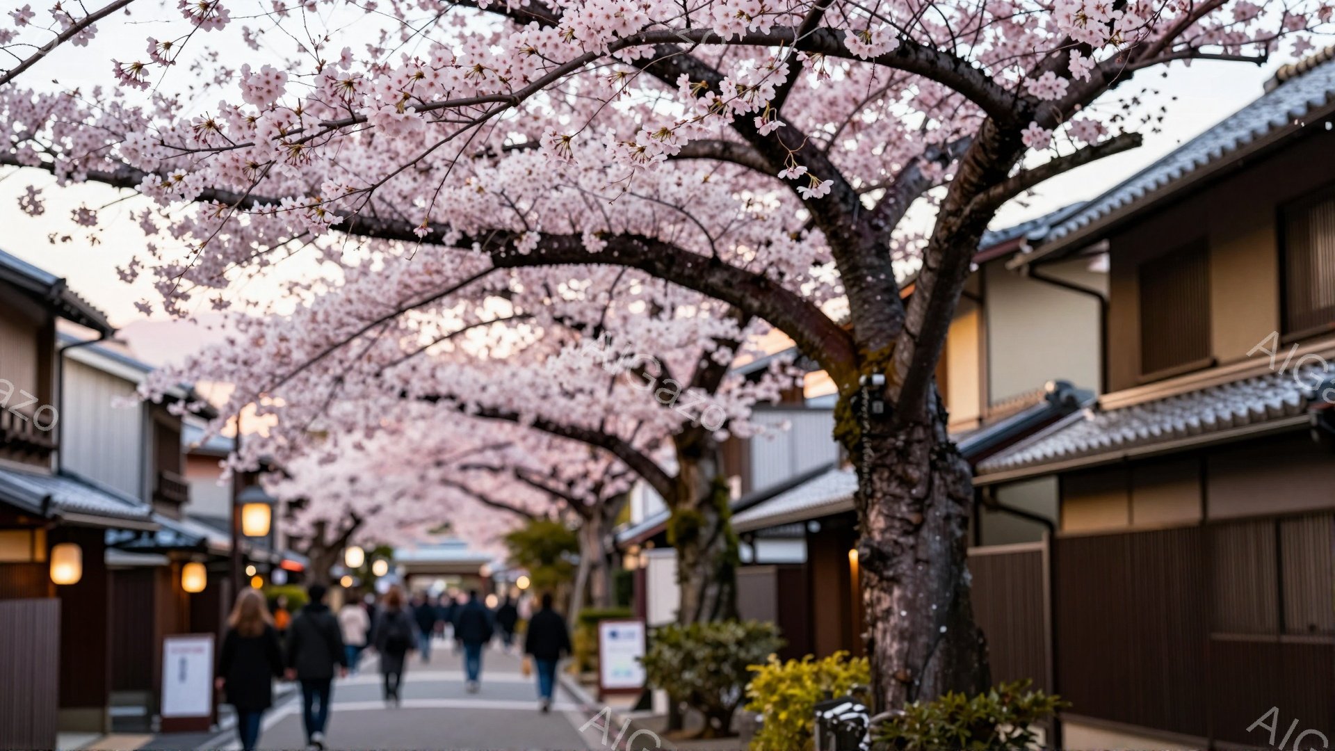 桜並木が続く石畳の道を行く人々の姿が描かれている。人々は概ね普段着で、前を向いて歩いているが、表情ははっきりとは見えない。古い町並みの建物が両側に並び、薄曇りの空の下、春の穏やかな雰囲気が漂っている。