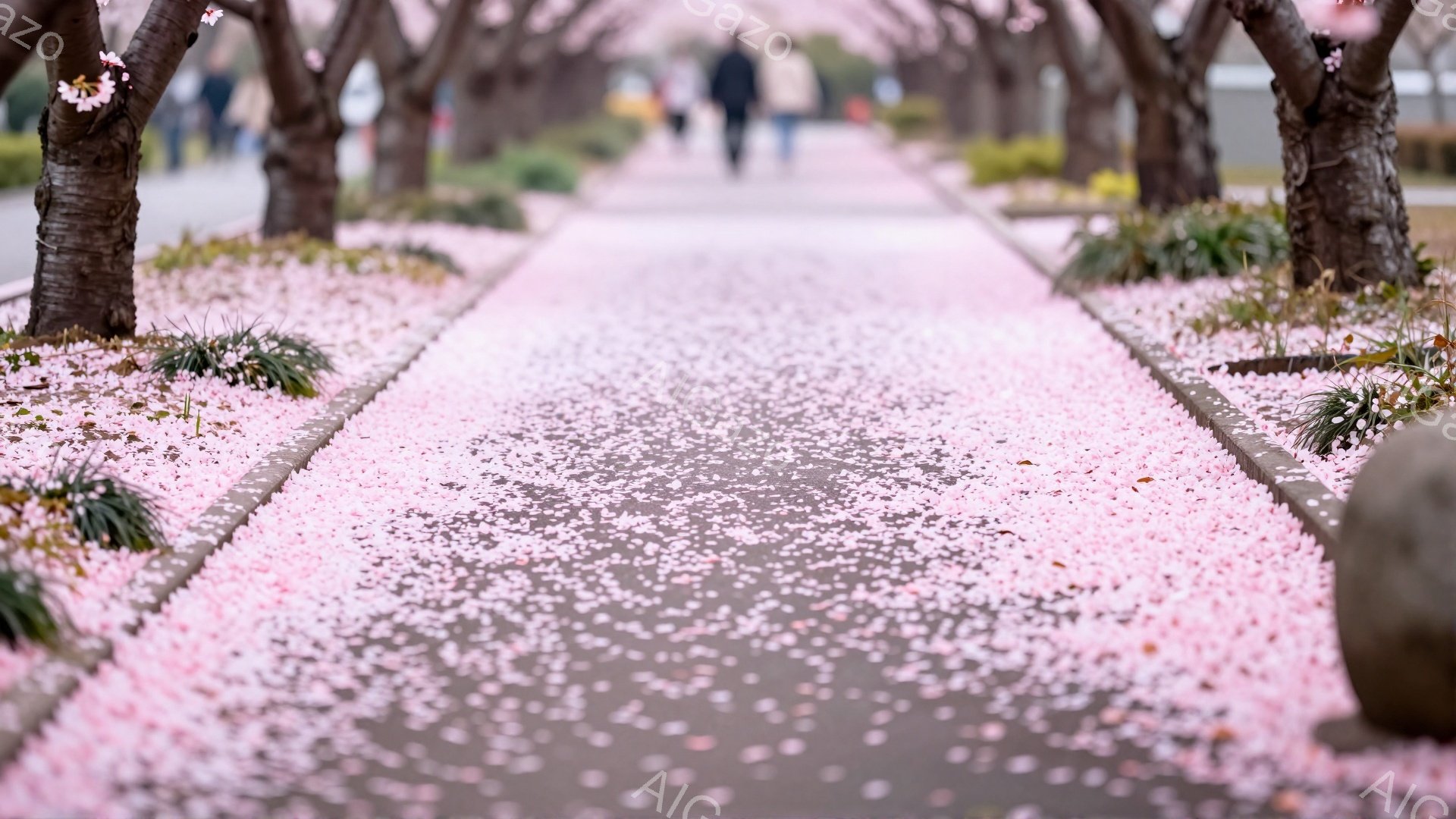 舗装された歩道は、散り始めた桜の花びらで埋め尽くされています。歩道沿いには木が並び、遠くには人々が歩いており、春の穏やかな雰囲気が漂っています。背景はぼやけており、桜並木の奥行きが強調されています。