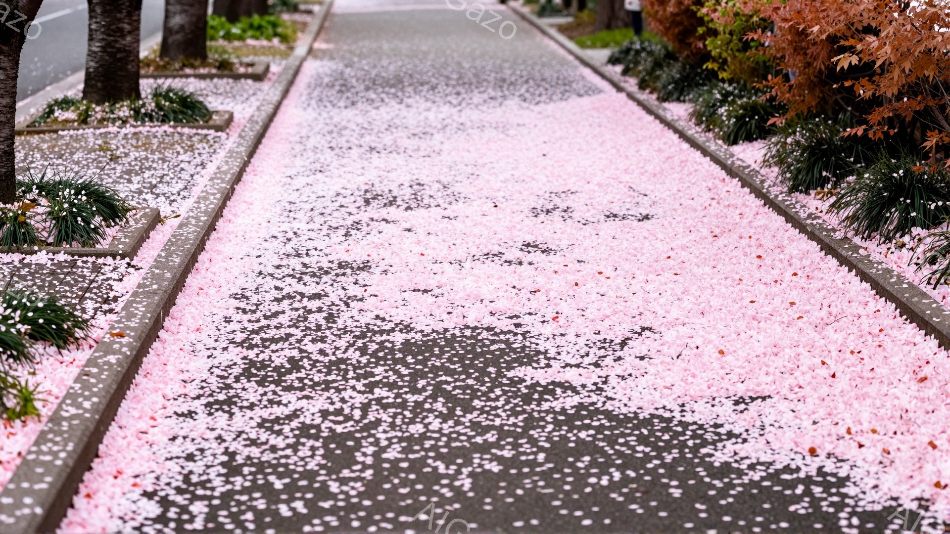 舗装された歩道が桜の花びらで覆われ、まるでピンク色の絨毯のようになっている。周りには緑の低木が植えられ、背景には木々が見える穏やかな春の風景だ。花びらが舞い散る様子が、静かで優雅な雰囲気を醸し出している。