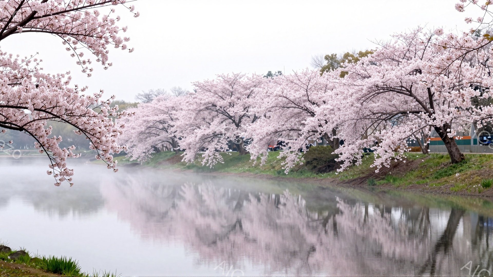 画像は、桜並木が続く川の風景を描いている。川面には桜並木の美しい姿が映り込み、水面にぼんやりとした霞がかかって幻想的な雰囲気を醸し出している。全体的に淡い色彩で、春の穏やかで優しい季節感を表現している - AI生成フリー素材