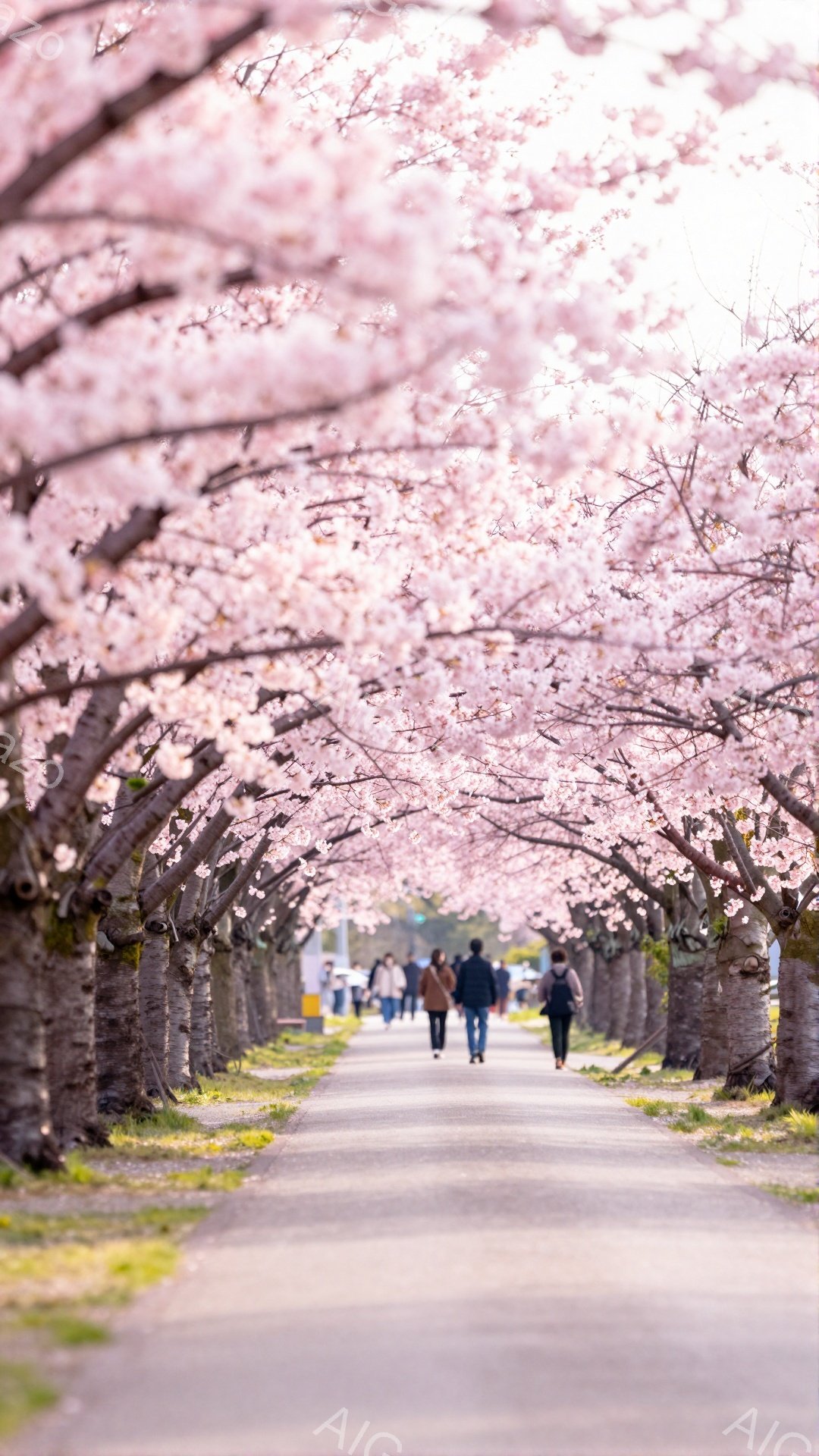 桜並木の中を数人が歩いている写真です。人々はカジュアルな服装で、前を向いて歩いており、表情ははっきりと見えません。背景には、満開の桜がアーチ状になり、明るい春の陽光が降り注ぎ、穏やかで美しい雰囲気を醸し出しています。