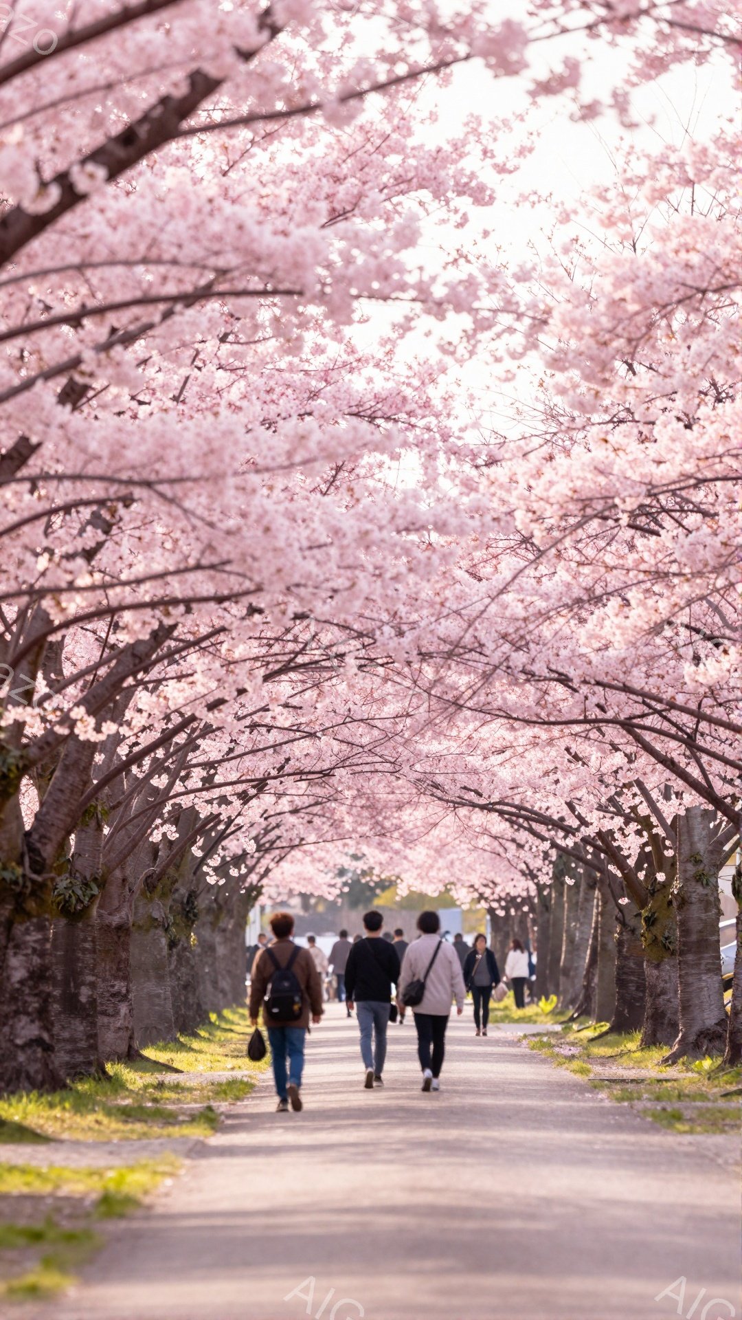 桜並木の中を人々が歩いている写真です。人々はカジュアルな服装で、後ろ姿しか見えませんが、リラックスした様子が伺えます。桜の花びらが空を覆い、春の暖かく穏やかな雰囲気を醸し出しています。 - AI生成フリー素材