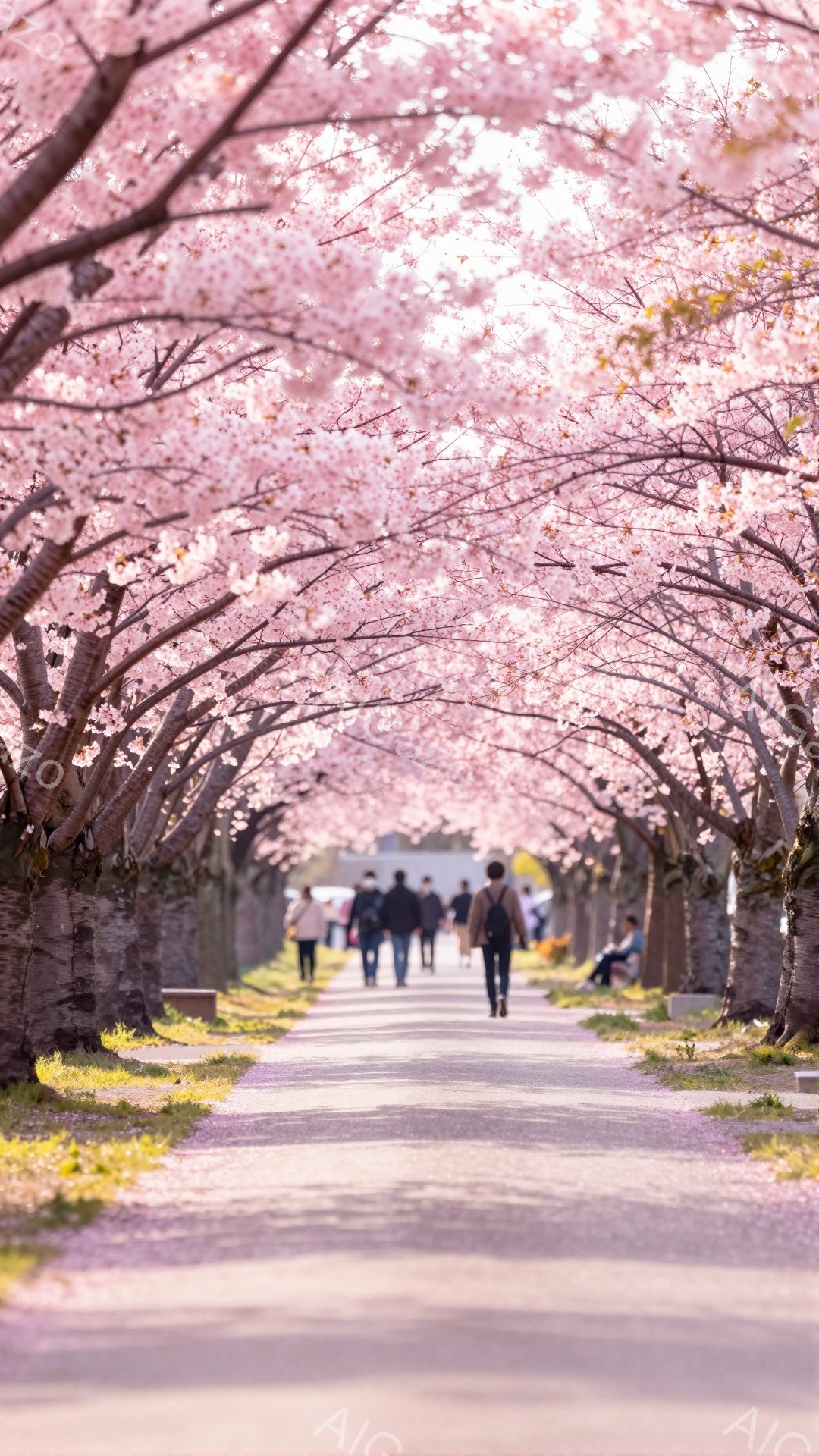 桜並木の中を人々が歩いている様子が捉えられている。人々はカジュアルな服装で、背中越しには様々な年齢層の人が確認できるが、表情ははっきりと読み取れない。桜の花びらが舞い散る並木道は、春の暖かく穏やかな雰囲気を醸し出しており、遠くには建物が見える。