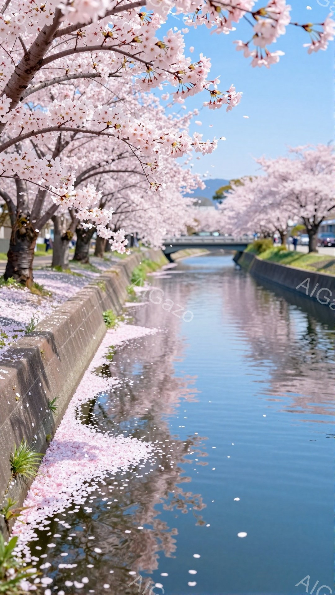 桜並木が続く川沿いの風景で、ピンク色の花びらが水面に浮かび、川の土手に沿って散らばっています。青空の下、穏やかな水面が桜色の光を反射し、春の暖かく優しい雰囲気を醸し出しています。遠景には建物が見え、背 - AI生成フリー素材