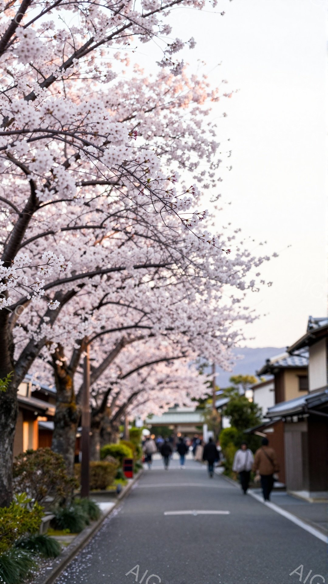 桜並木が続く道を行く人々の姿が捉えられています。人々はカジュアルな服装で、歩いたり、談笑したりしながら散策を楽しんでいるようです。古い建物と桜のコントラストが美しく、春の穏やかな雰囲気が伝わってきます。