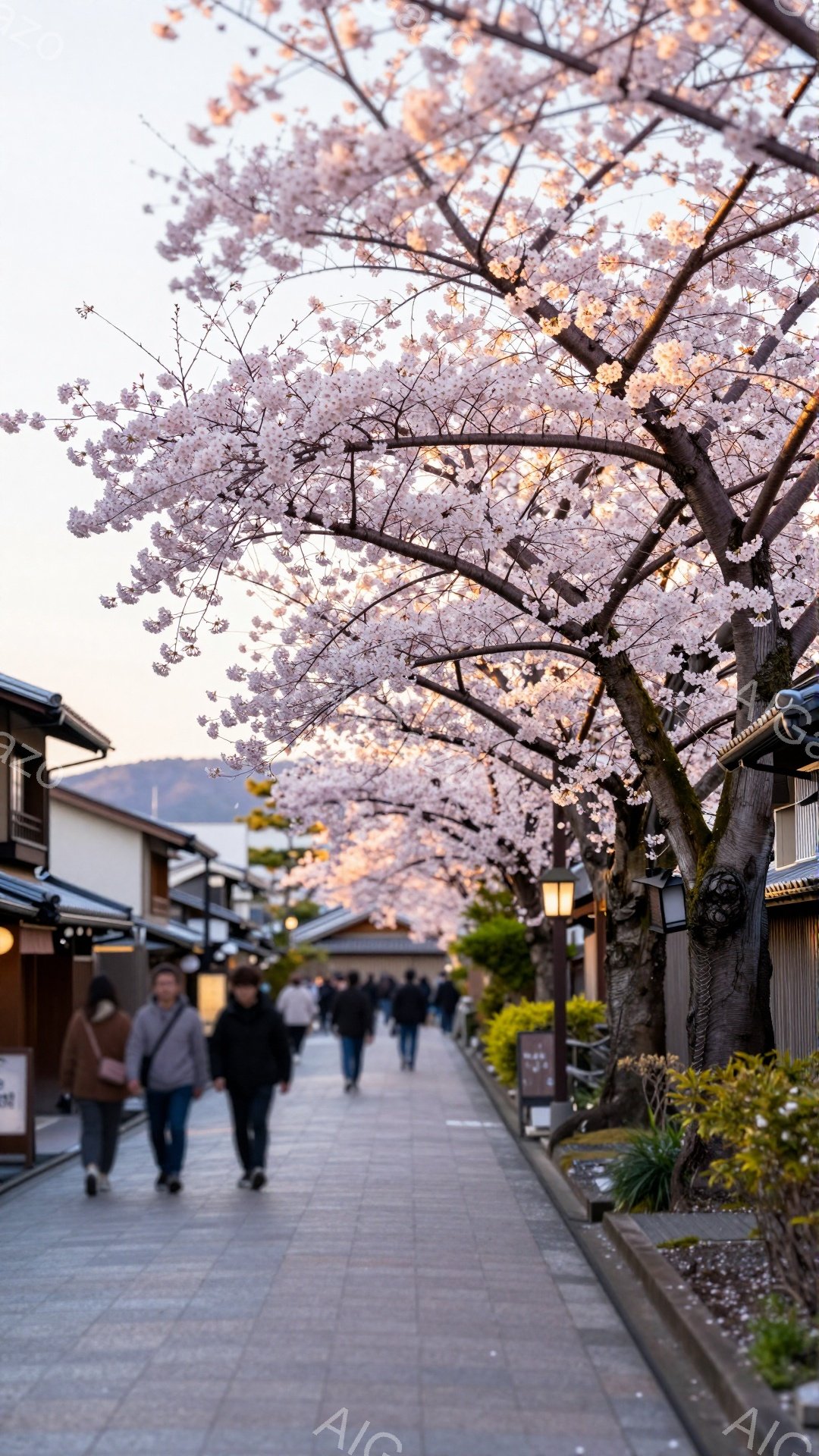 石畳の道に沿って桜並木が続き、多くの人が散歩を楽しんでいる。人々はカジュアルな服装で、春の暖かさを感じさせる穏やかな表情をしている。背景には木造の建物が見え、柔らかな光が春の訪れを告げる、ゆったりとした雰囲気の風景である。