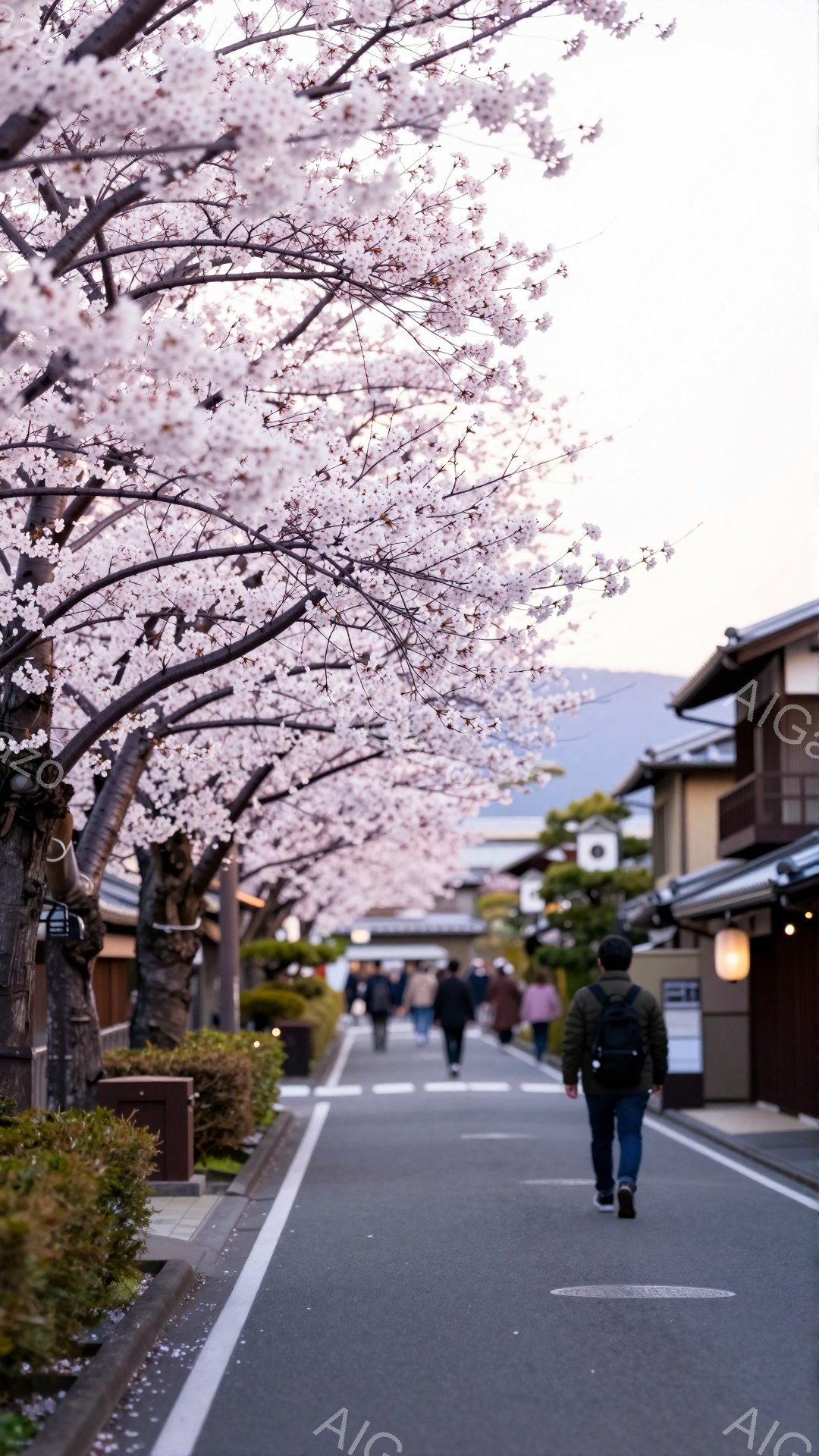 画像は、桜並木が続く道を歩く人々の様子を捉えています。人々はカジュアルな服装で、桜のトンネルをゆっくりと歩いており、穏やかで平和な雰囲気が漂っています。背景には伝統的な建物と霞んだ山々が見え、春の暖かな日差しを感じさせる美しい情景です。