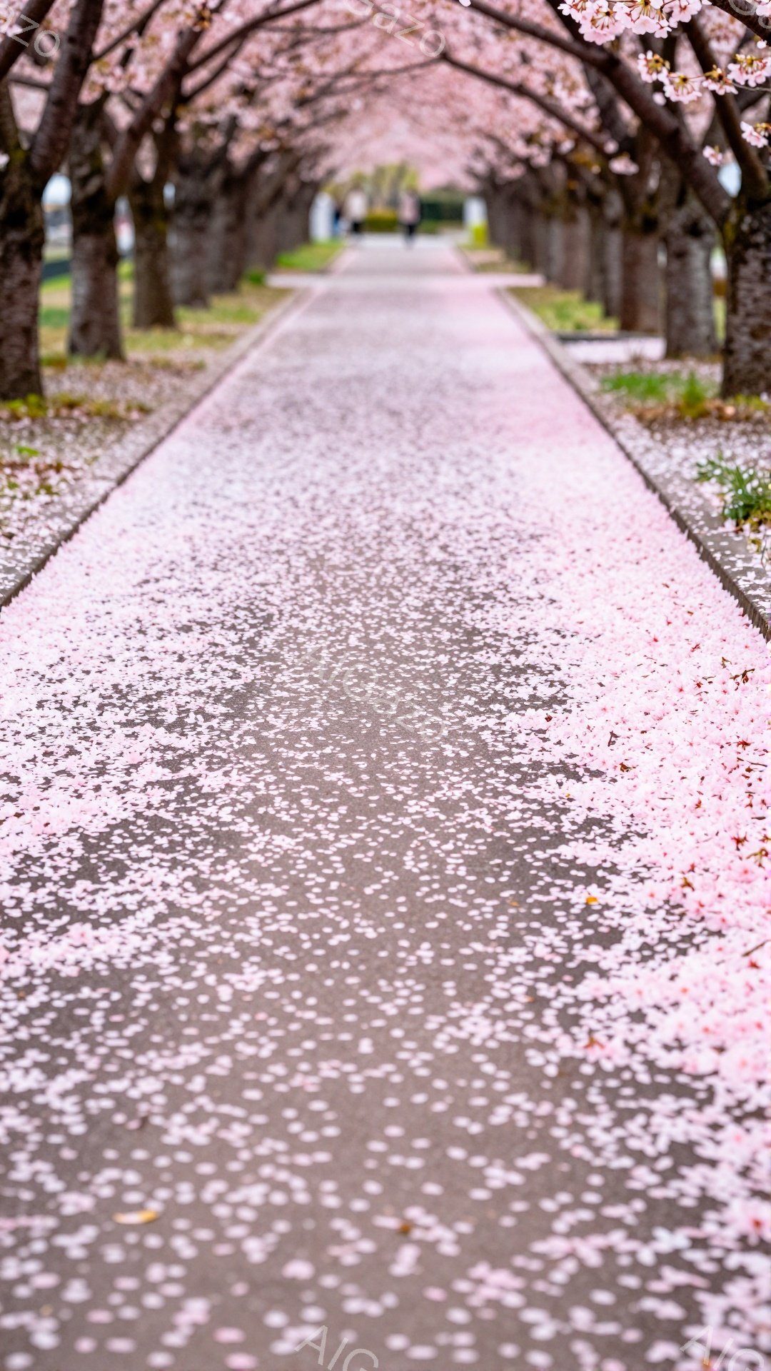 桜の花びらが敷き詰められた遊歩道が、両脇の桜並木によってトンネルのように続いています。遊歩道には数人の人物が歩いており、遠くには緑豊かな木々が見えます。全体的に、春の暖かさと穏やかな雰囲気が漂っています。