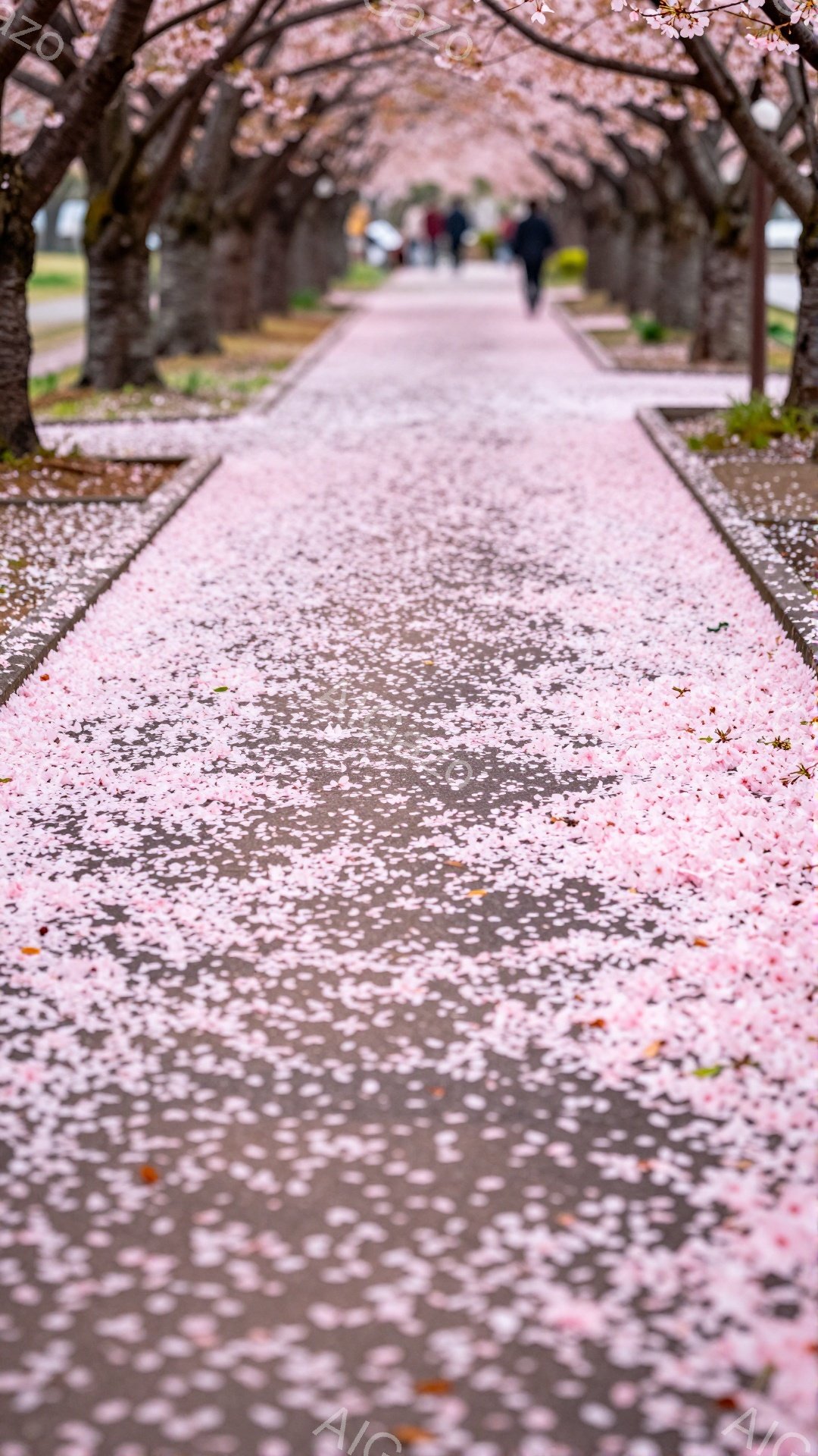 桜の花びらが敷き詰められた遊歩道を、数人の人々が歩いている様子が捉えられている。彼らは普段着で、遠くから見ると具体的な表情や髪型は不明だが、ゆったりとした姿勢で散歩を楽しんでいるように見える。背景には桜並木が続き、春の穏やかで幻想的な雰囲気が漂っている。