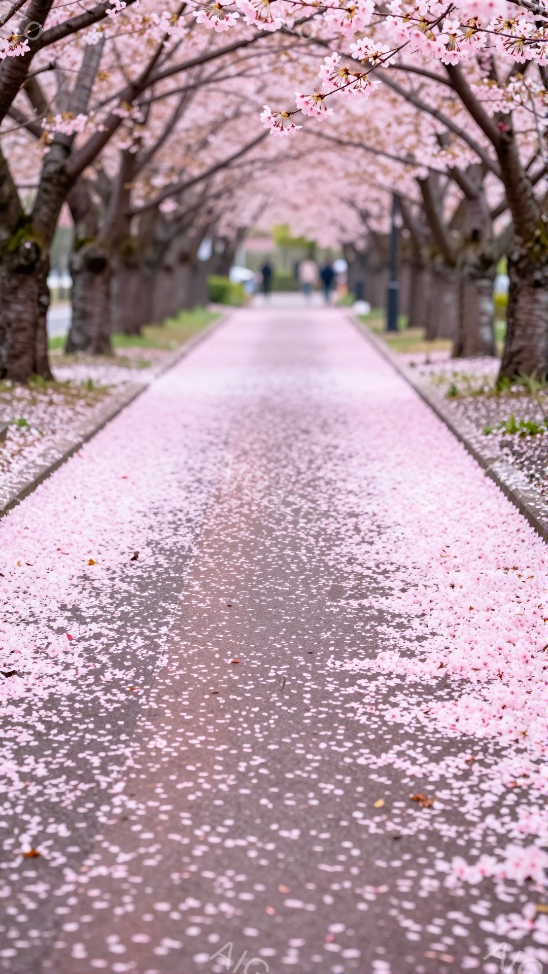 桜並木の中を数人の人が歩いている。地面は桜の花びらで覆われ、ピンク色の絨毯のように見える。空は明るく、並木道全体が春の暖かく穏やかな雰囲気に包まれている。