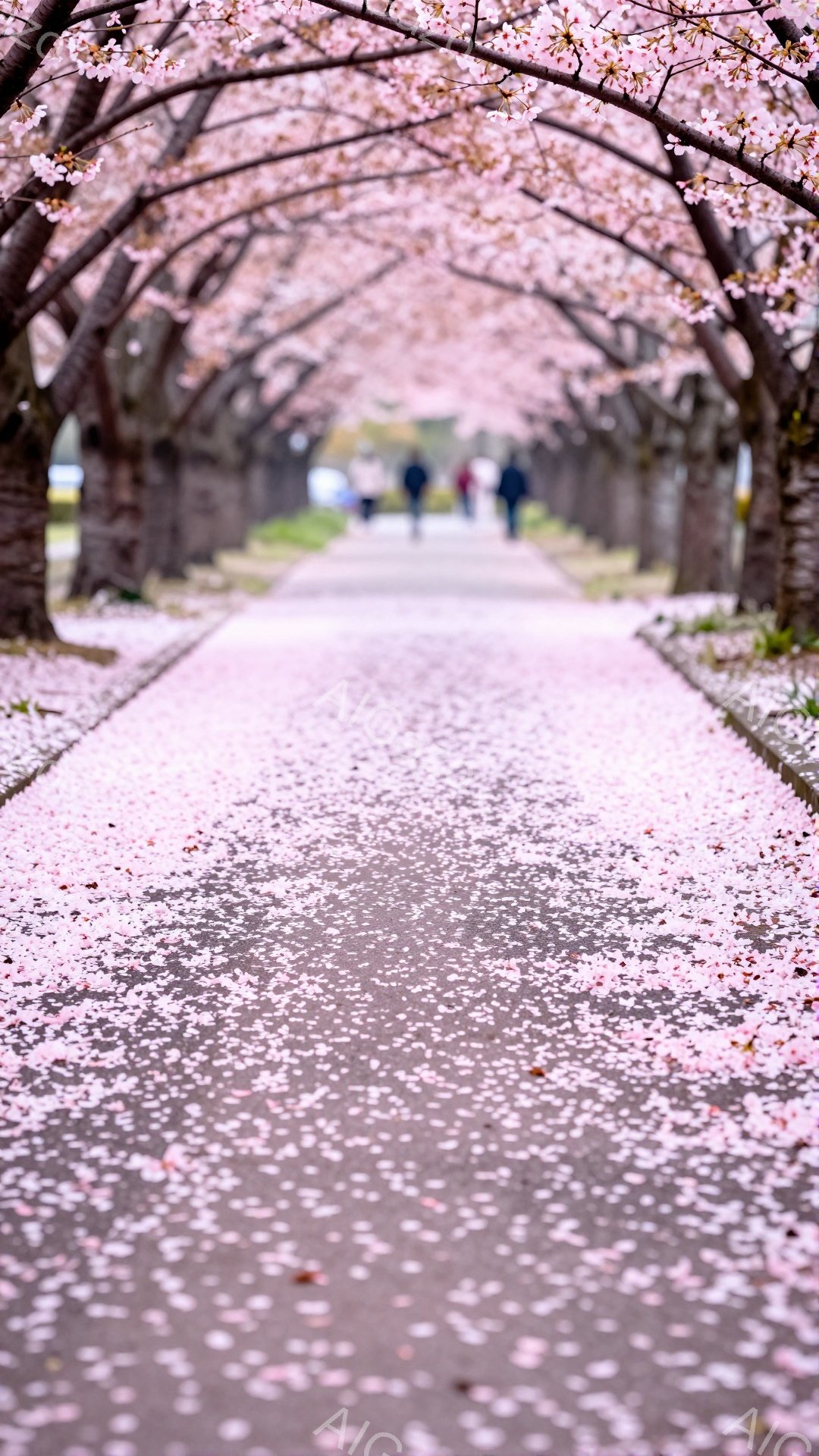 桜並木の中を数人が歩いている風景です。地面は桜の花びらで覆われ、ピンク色の絨毯のようになっています。並木道は奥へと続き、春の穏やかな暖かさと美しい景色が伝わってきます。 - AI生成フリー素材